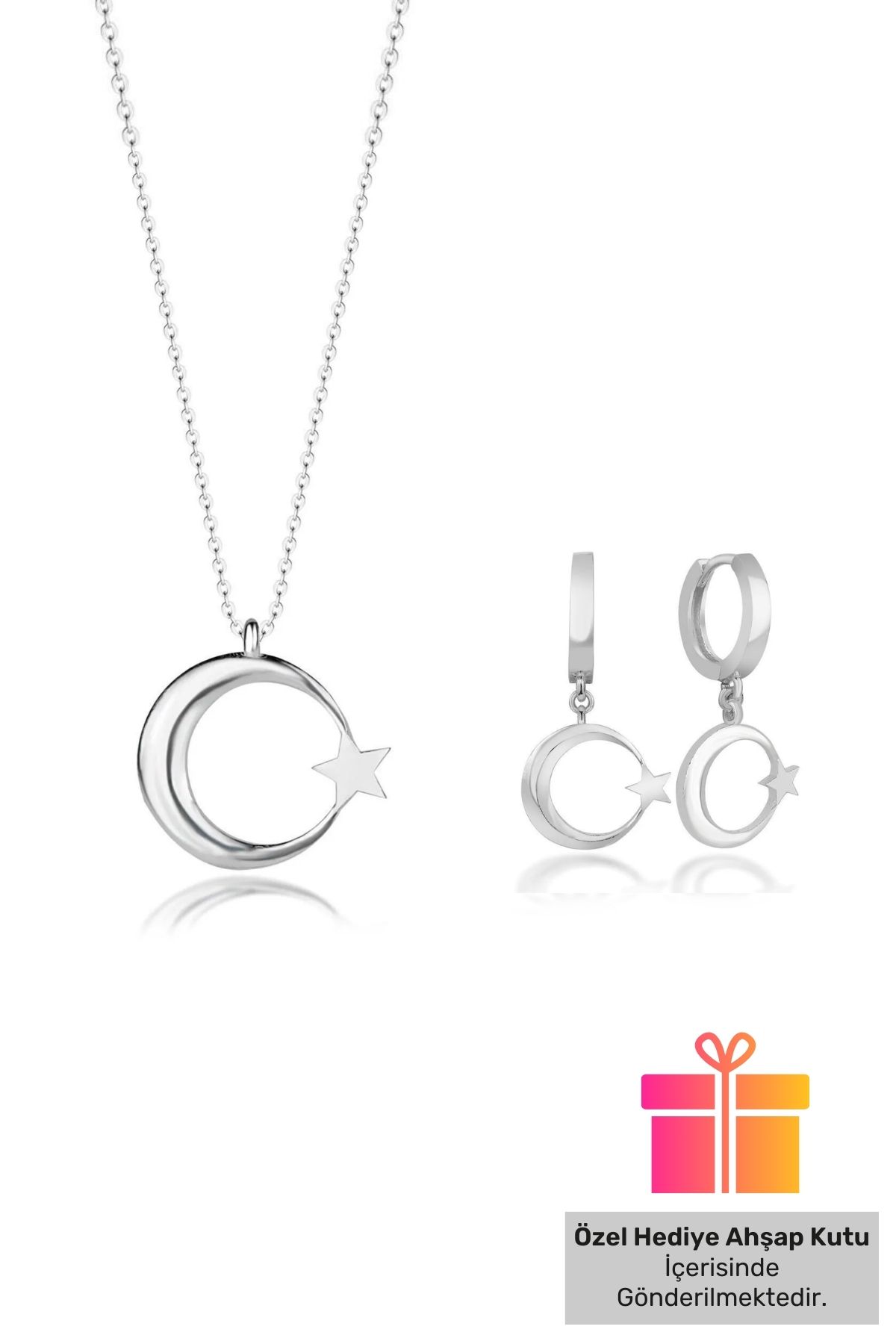 Lucente Jewellery Hediye Kutulu Ay Yıldızlı İkili Gümüş Set Kolye & Küpe Zarif Hediyelik Takım Set