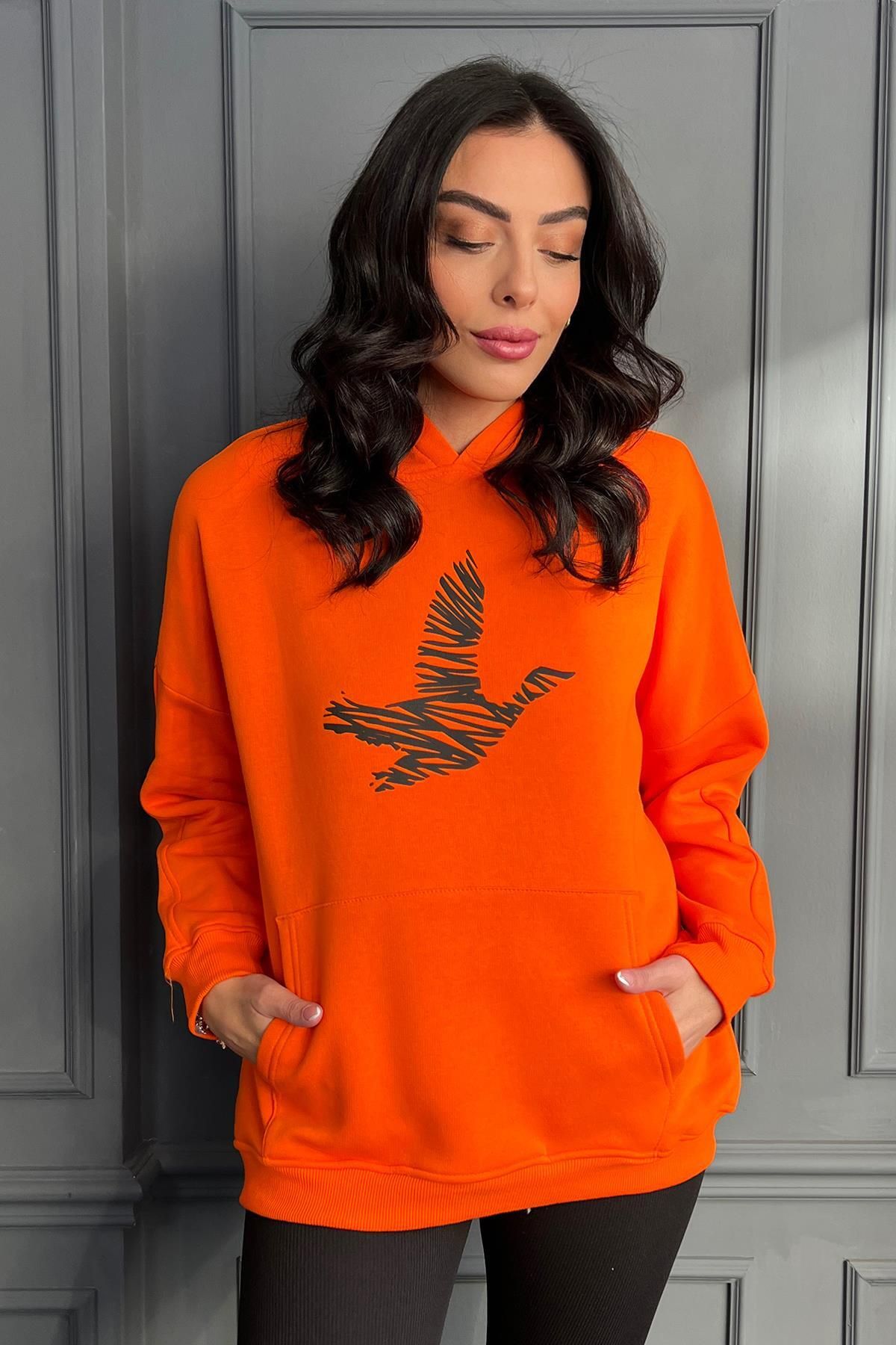 DERYA DİNDAR Kadın Şardonlu Kuş Logolu Sweat Orange