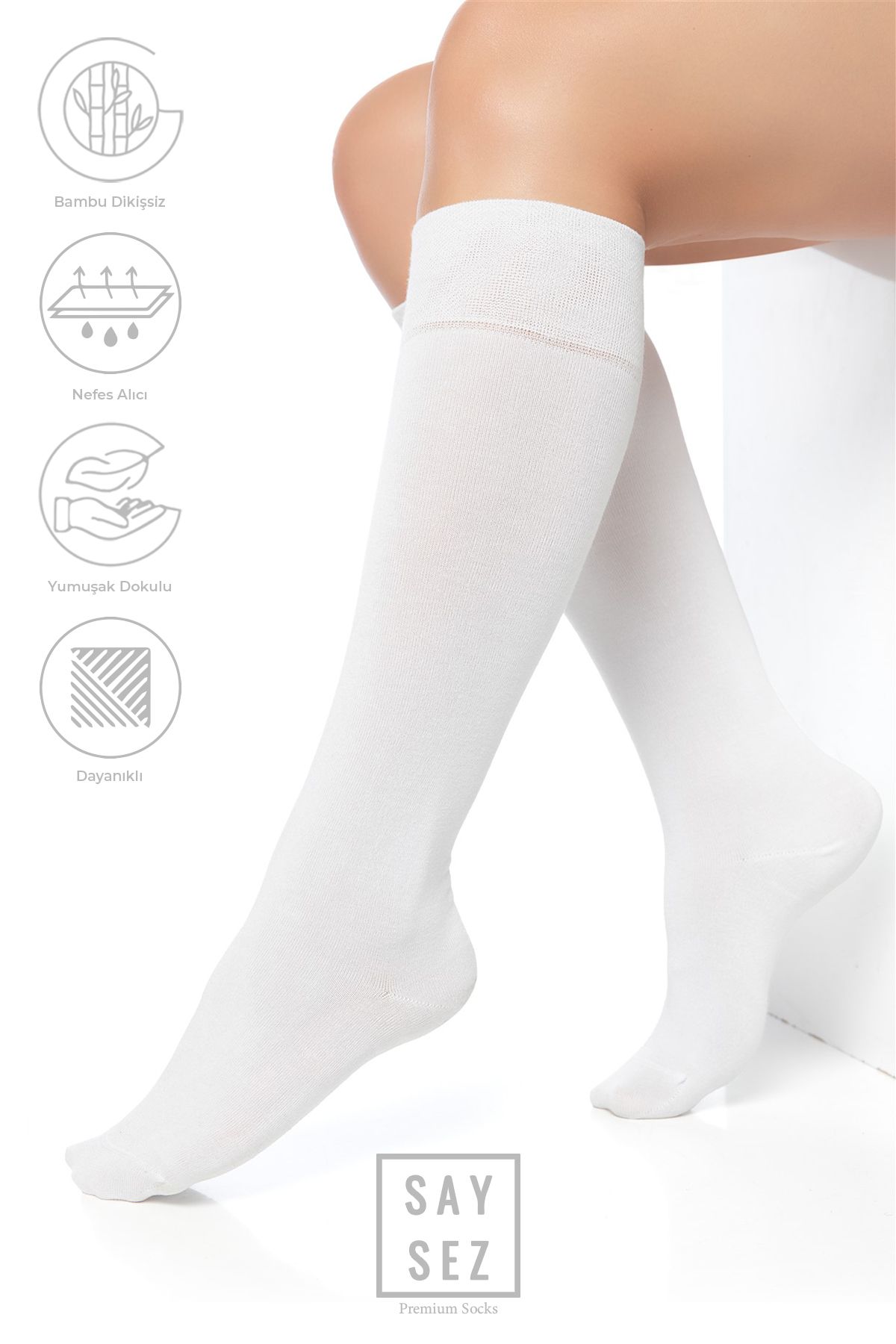 SAYSEZ Bambu Kadın Dizaltı Premium Düz Beyaz Renk Yumuşak Uzun Dikişsiz Çorap / Teni Göstermeyen Çorap