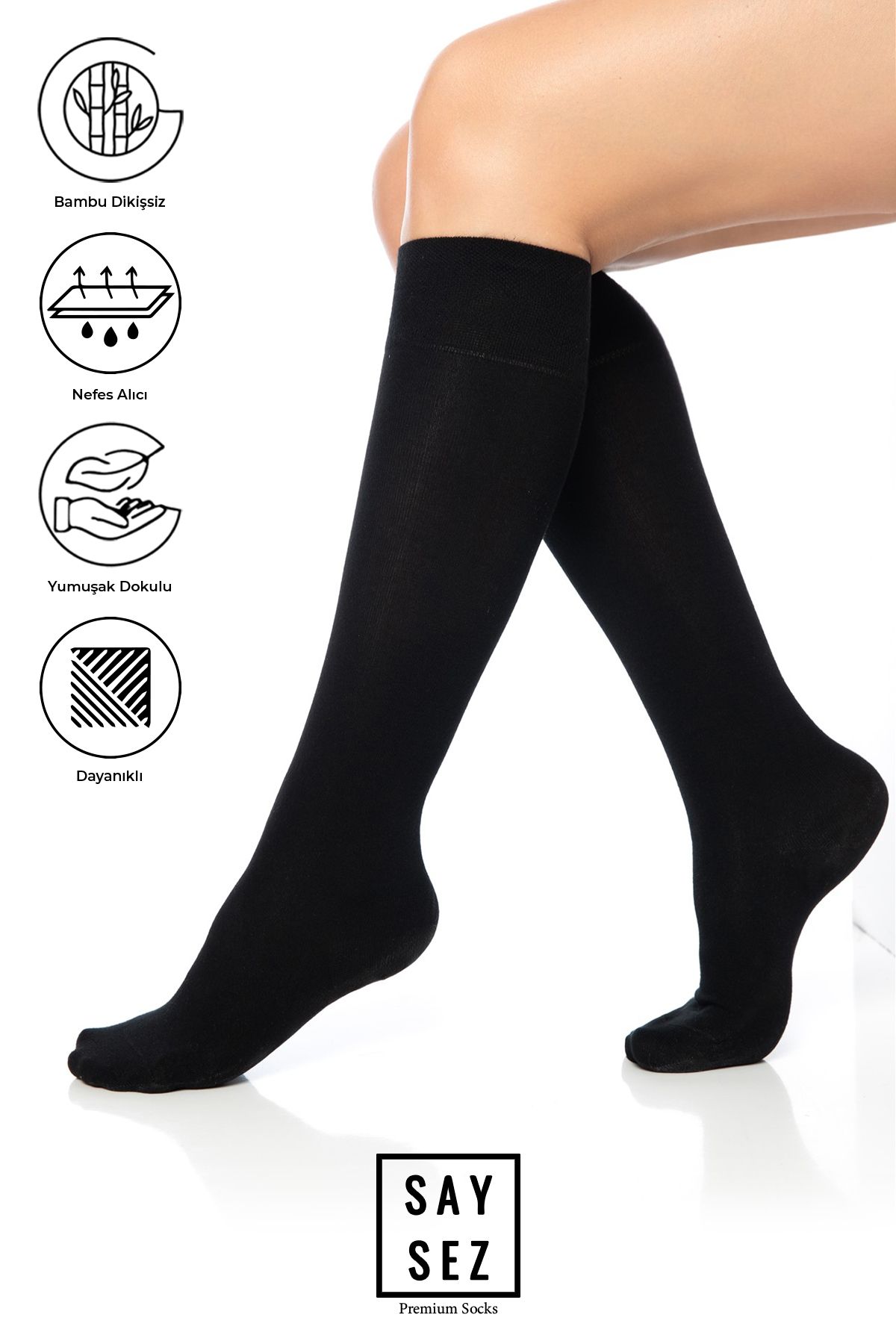 SAYSEZ Bambu Kadın Dizaltı Premium Düz Siyah Renk Yumuşak Uzun Dikişsiz Çorap / Teni Göstermeyen Çorap