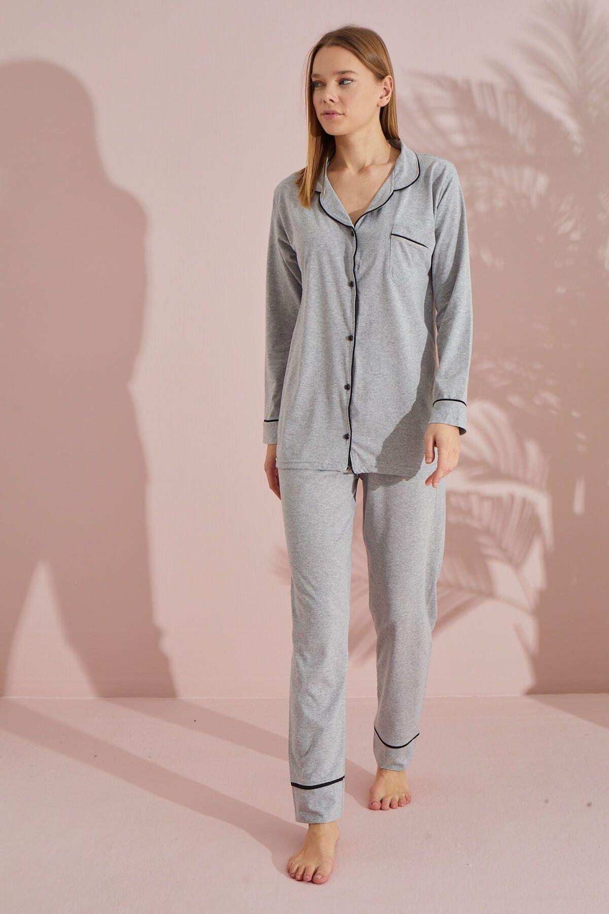 LİLA İÇ GİYİM Düğmeli Pamuklu Uzun Kol Pijama Takımı