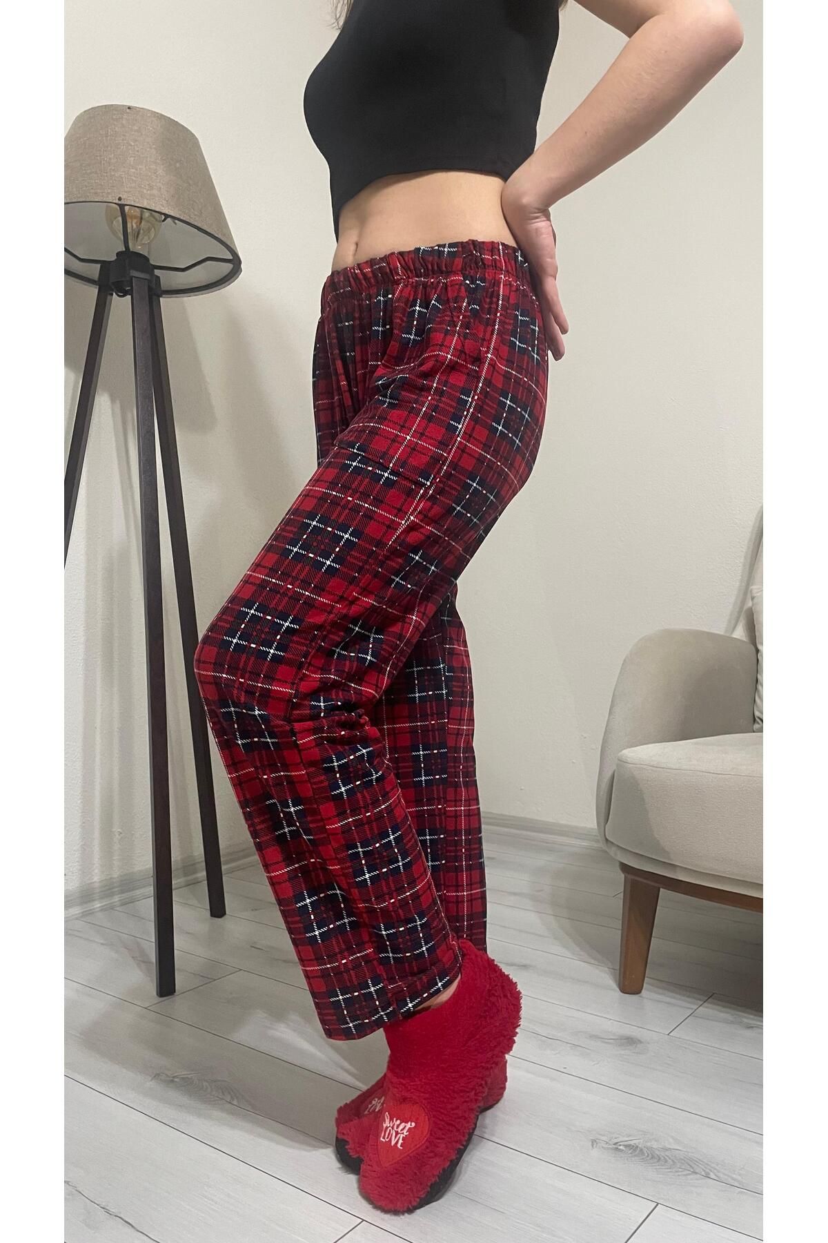 Tasarım Kırmızı Ekoseli Süet Unisex Cepli Pijama Altı