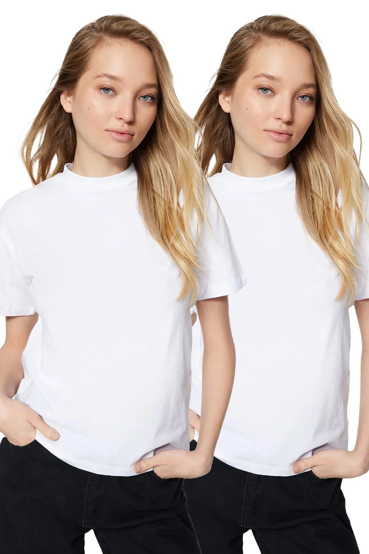 Favela moda Kadın Dik Yaka 2'li Paket Basic Örme T-shirt