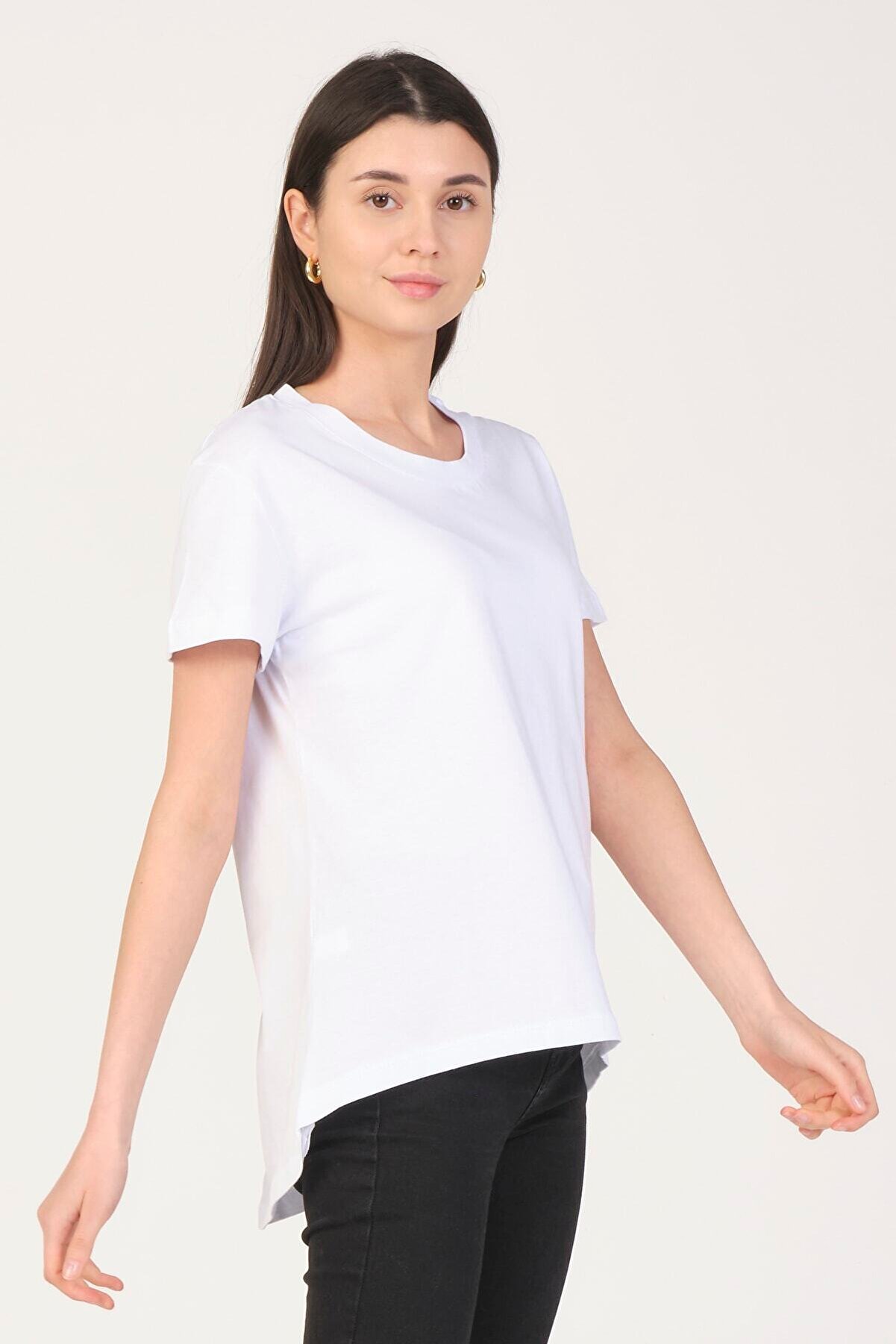 BASICA Kadın Beyaz %100 Pamuk Arkası Uzun Comfort Fit T-shirt