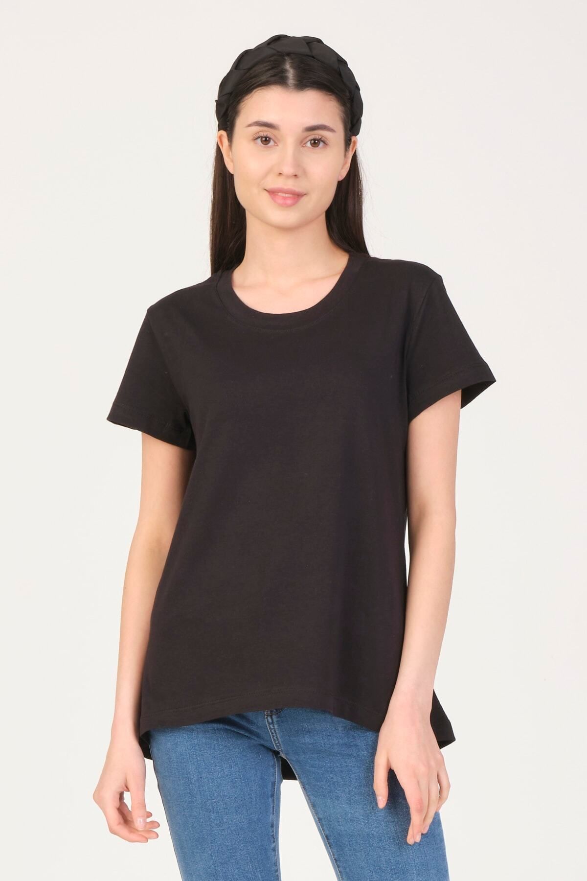 BASICA Kadın Siyah %100 Pamuk Arkası Uzun Comfort-fit T-shirt