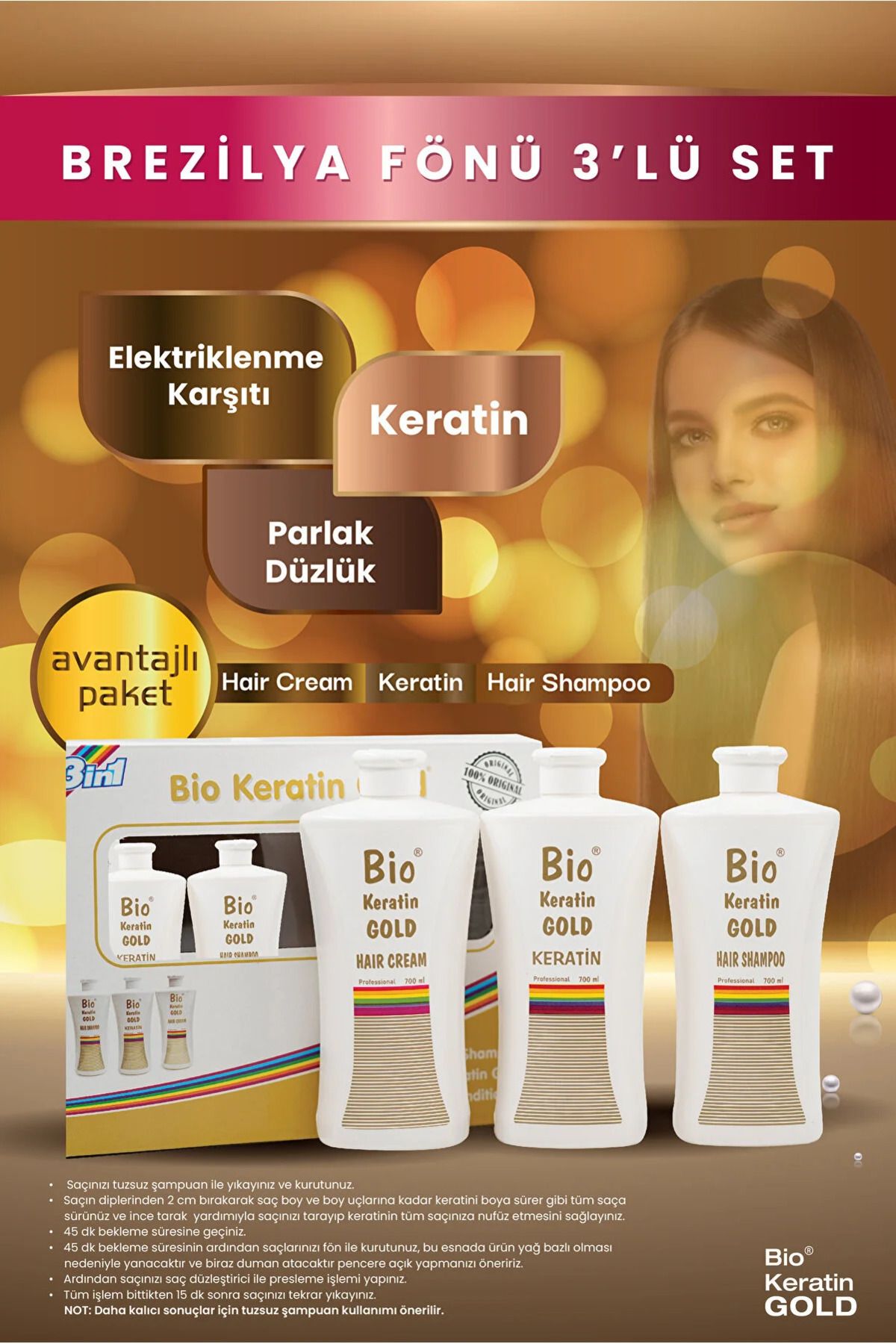 Bio Keratin Gold Brezilya Fönü 3'lü Set - Şampuan + Saç Kremi + Keratin 8690127162754