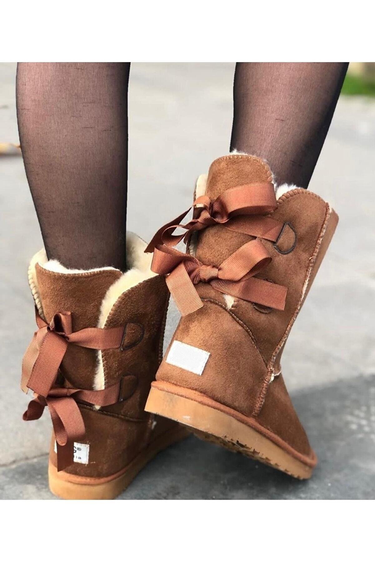 POLENS Kadın Taba Fiyonklu Kurdele'li Içi Yünlü Kürklü Bot Ayakkabı
