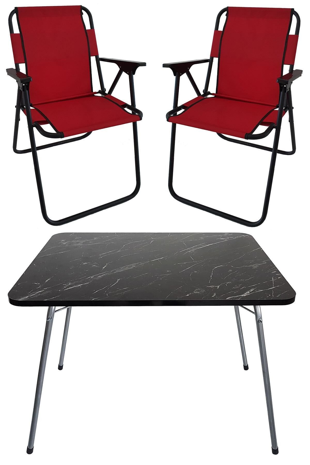 Bofigo 60x80 Granit Desenli Katlanır Masa + 2 Adet Katlanır Sandalye Kamp Seti Bahçe Takımı Kırmızı