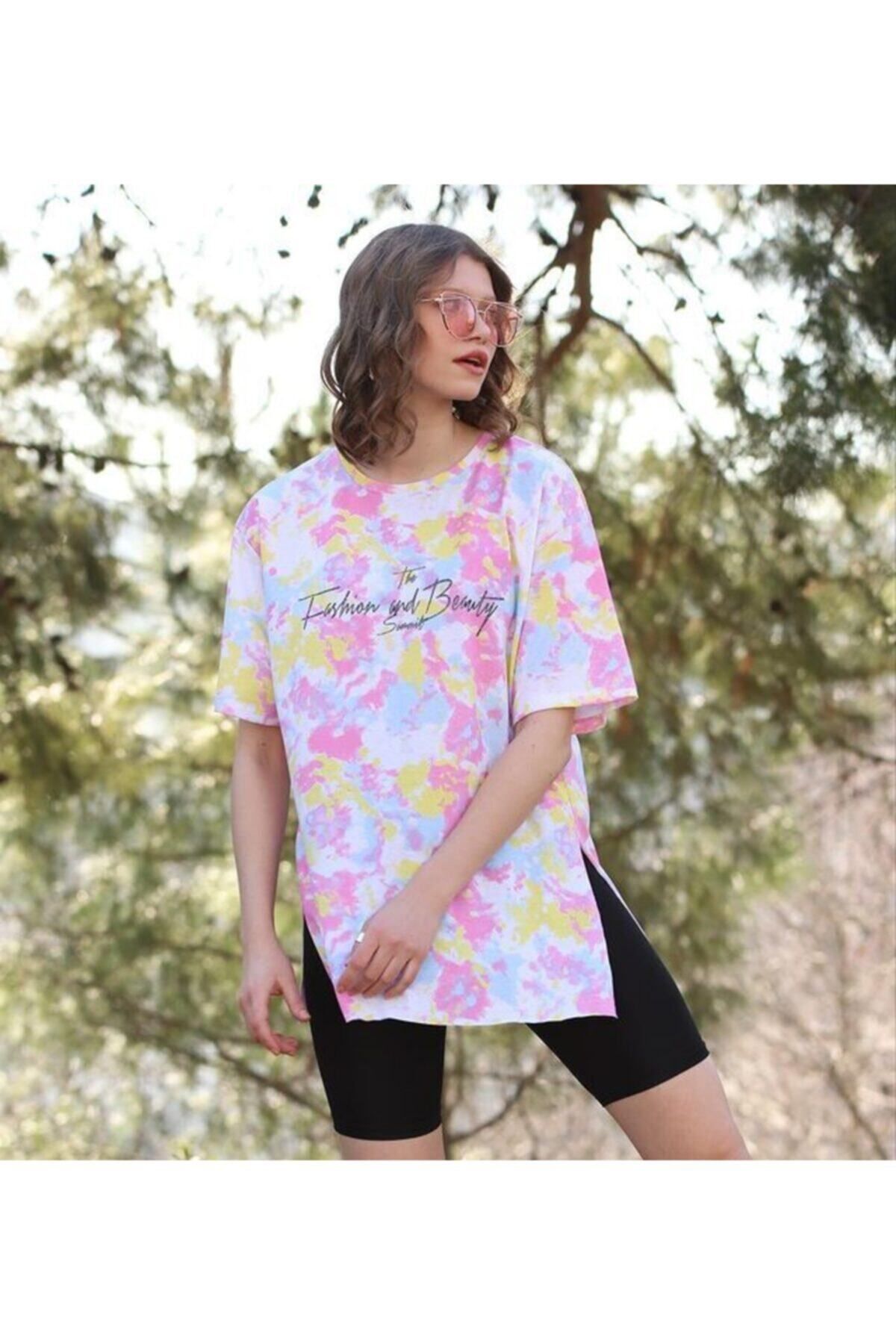 WoolnClyde Kadın Günlük Pastel Renkli Koton Oversize Rahat Kesim Kısa Kollu Yuvarlak Yaka T-shirt