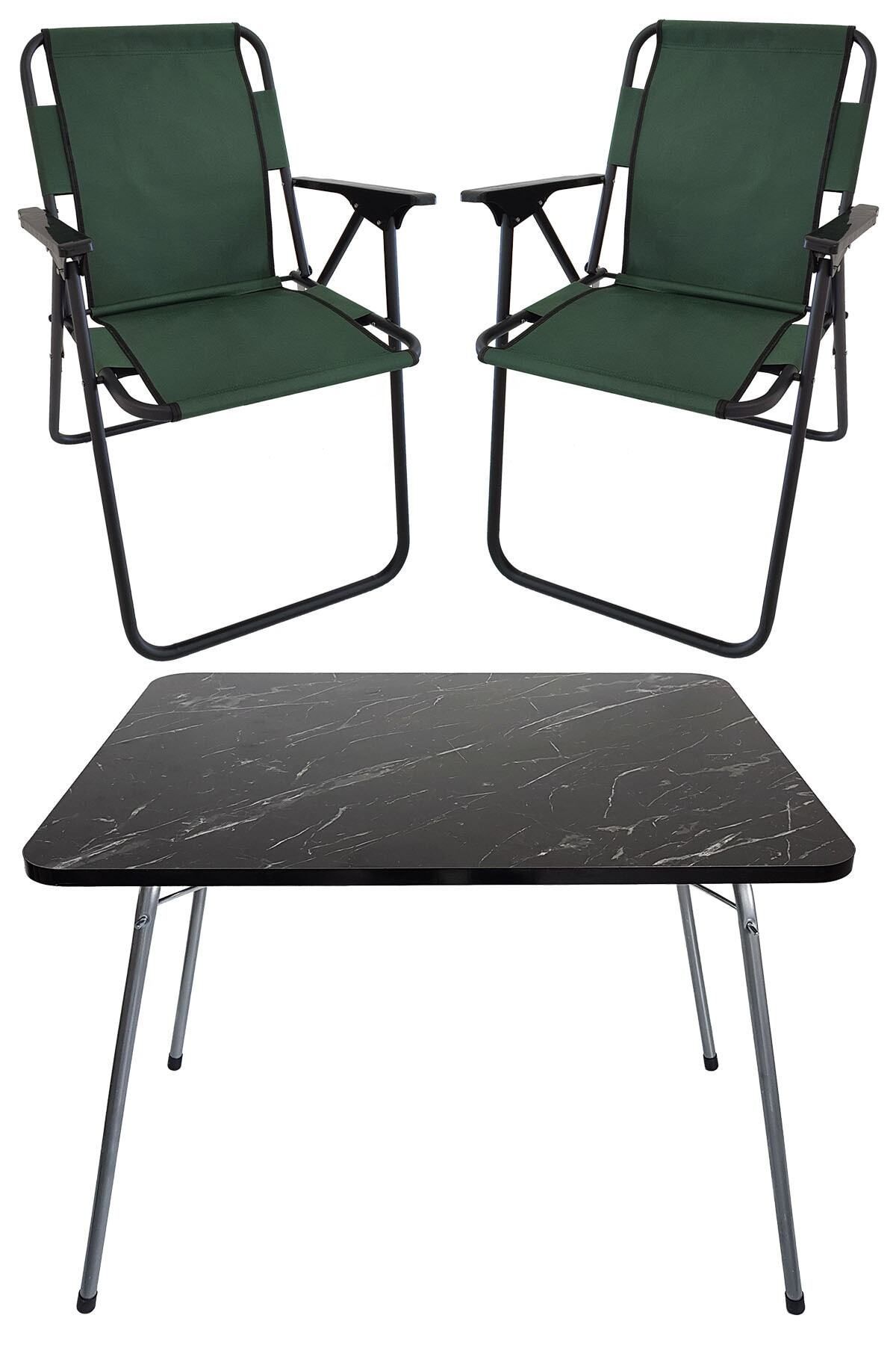 Bofigo 60x80 Granit Desenli Katlanır Masa + 2 Adet Katlanır Sandalye Kamp Seti Bahçe Takımı Yeşil