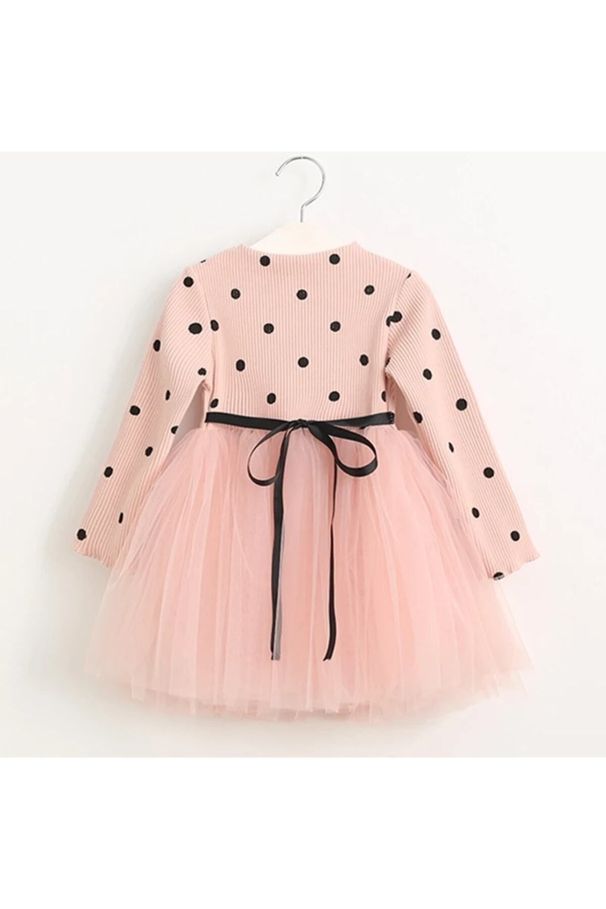 Şirin Şeyler Butiği Linda Kız Bebek Çocuk Prenses Kabarık Tütü Elbise Puantiyeli Uzun Kol Esnek Likralı Somon