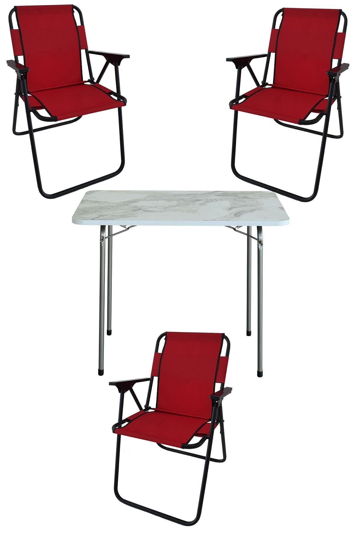 Bofigo 60x80 Çam Desenli Katlanır Masa + 3 Adet Katlanır Sandalye Kamp Seti Bahçe Takımı Kırmızı