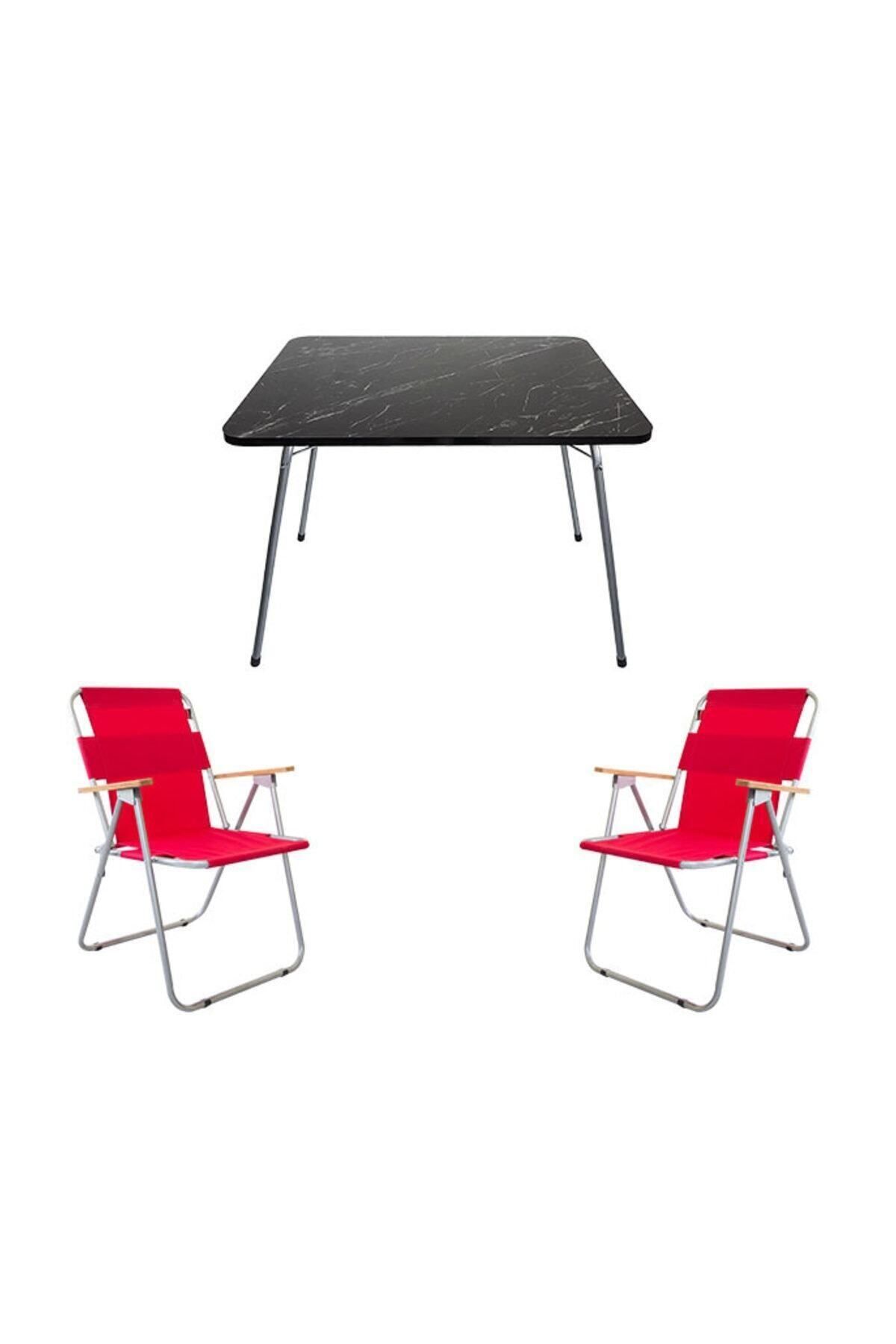Bofigo Granit Katlanır Masa + 2 Adet Katlanır Sandalye Kırmızı