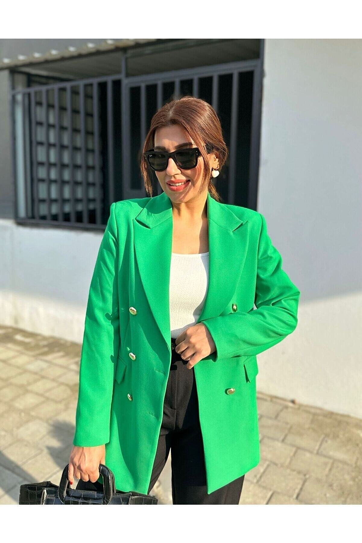 PARKDERİN Büyük Beden, Uzun ,gold Düğmeli Yeşil Renk Blazer Ceket