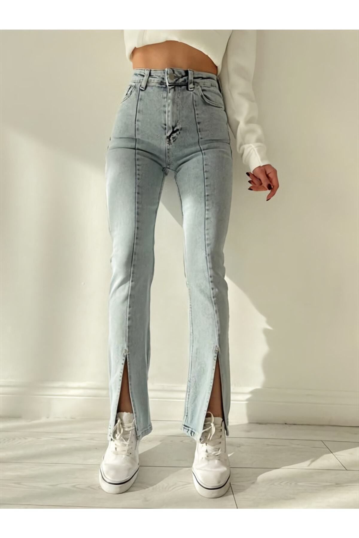 LİMABEL Önden Yırtmaçlı Jeans Yüksek Bel Paça Yırtık Denim