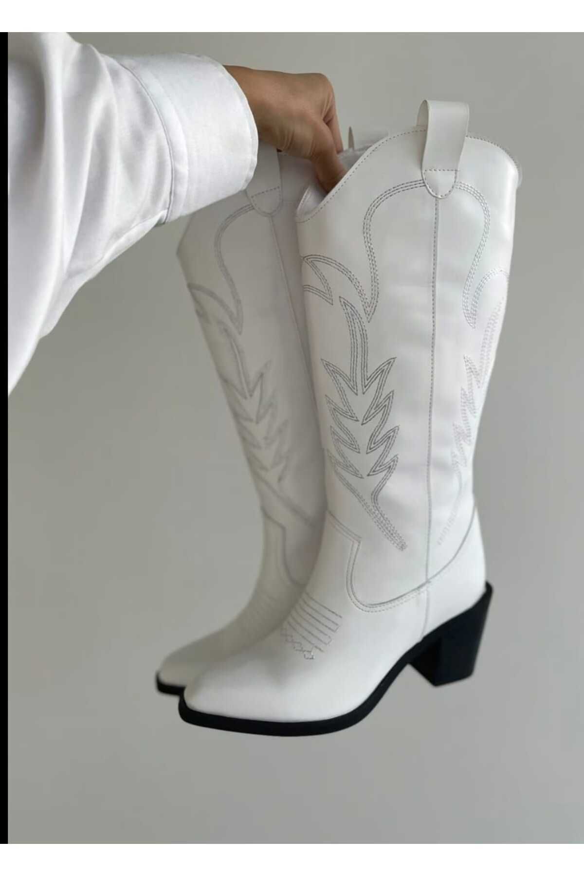 POTEEN Kadın Western Kovboy Nakışlı Topuklu Çizme-Beyaz