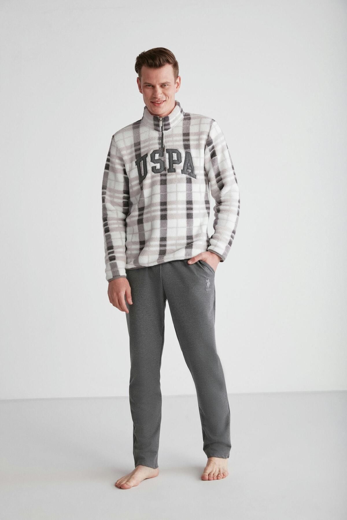 U.S. Polo Assn. Erkek Pamuklu Gri Polar Sweatshirt-Eşofman Altı Pijama Takımı