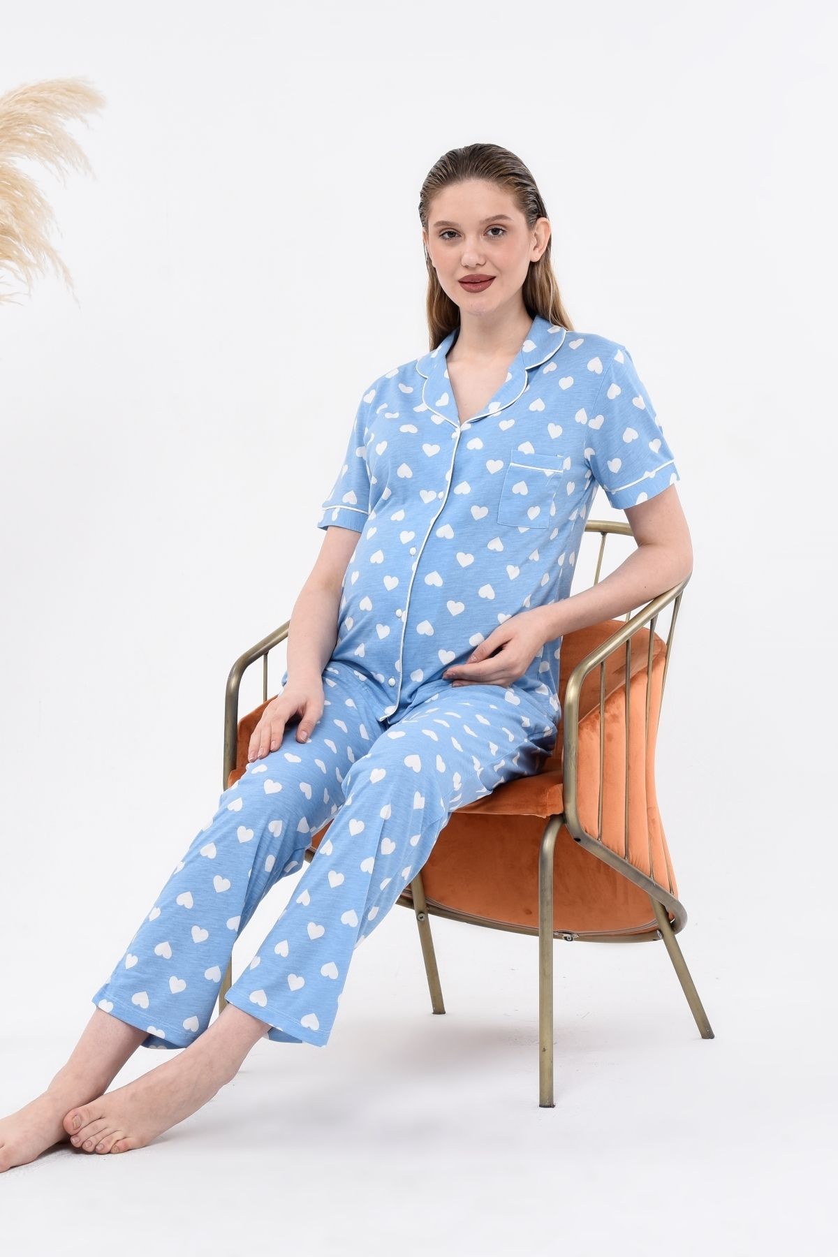 LadyMina Pijama Hamile Ve Lohusa Mavi Kalp Desen Ikili Pijama Takımı