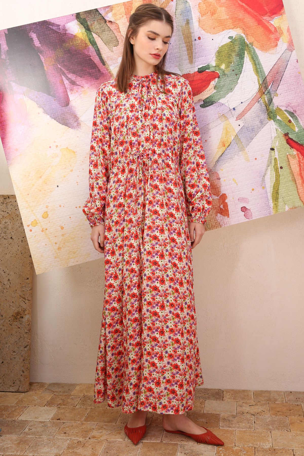 ALLDAY Nar Çiçeği-ekru Viskon Emprime Desenli Hakim Yaka Bağlama Detaylı Yarım Patlı Elbise