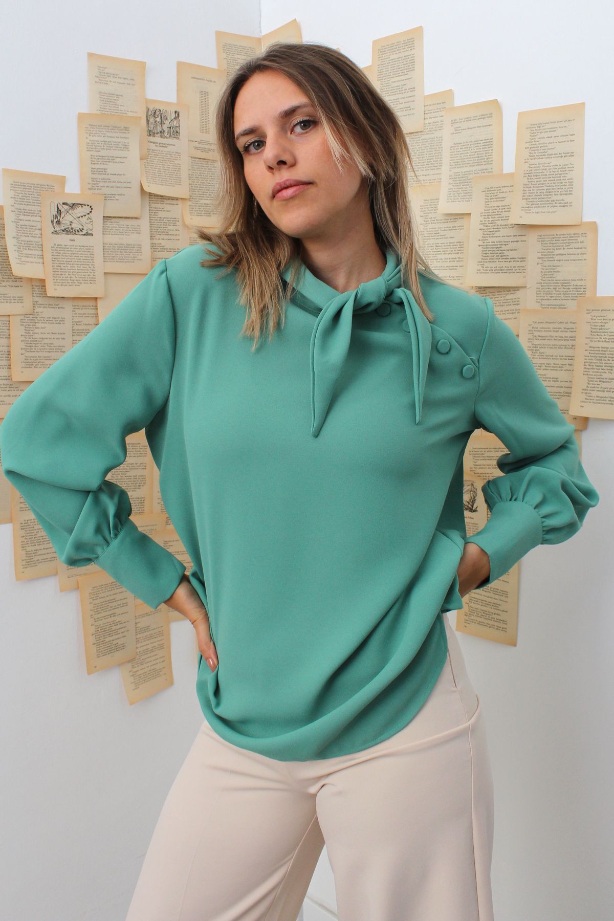 ALLDAY Yeşil Gipeli Fırfırlı Doğal Kumaş Bluz