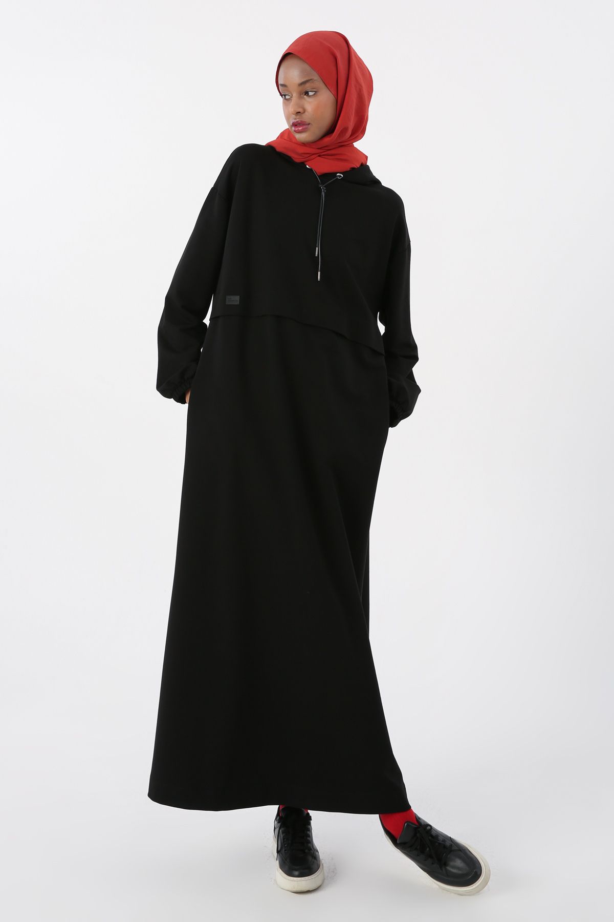 ALLDAY Siyah Kolu Lastikli Kapşonlu Elbise