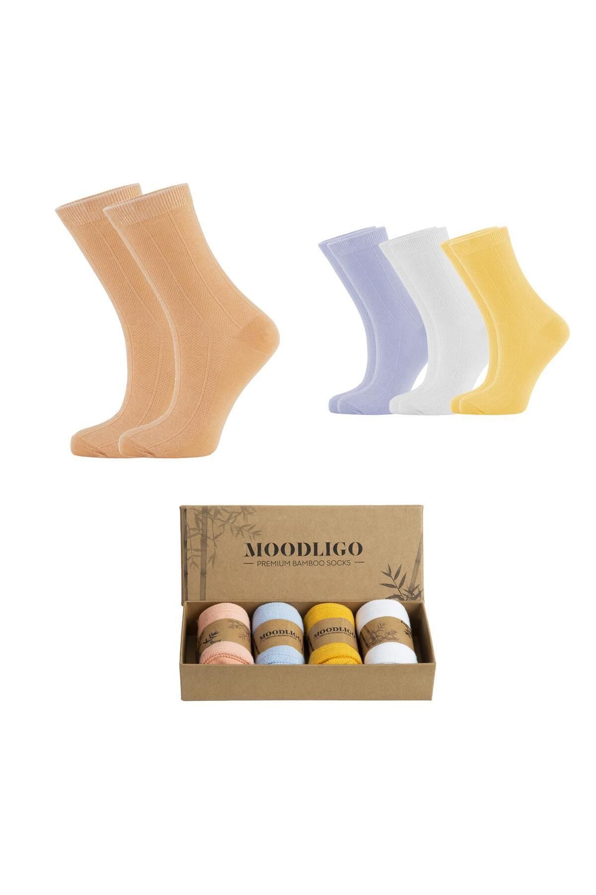 Moodligo Kadın 4'lü Premium Çizgi Desenli Bambu Soket Çorap - Somon / Beyaz / Mavi / Sarı - Kutulu