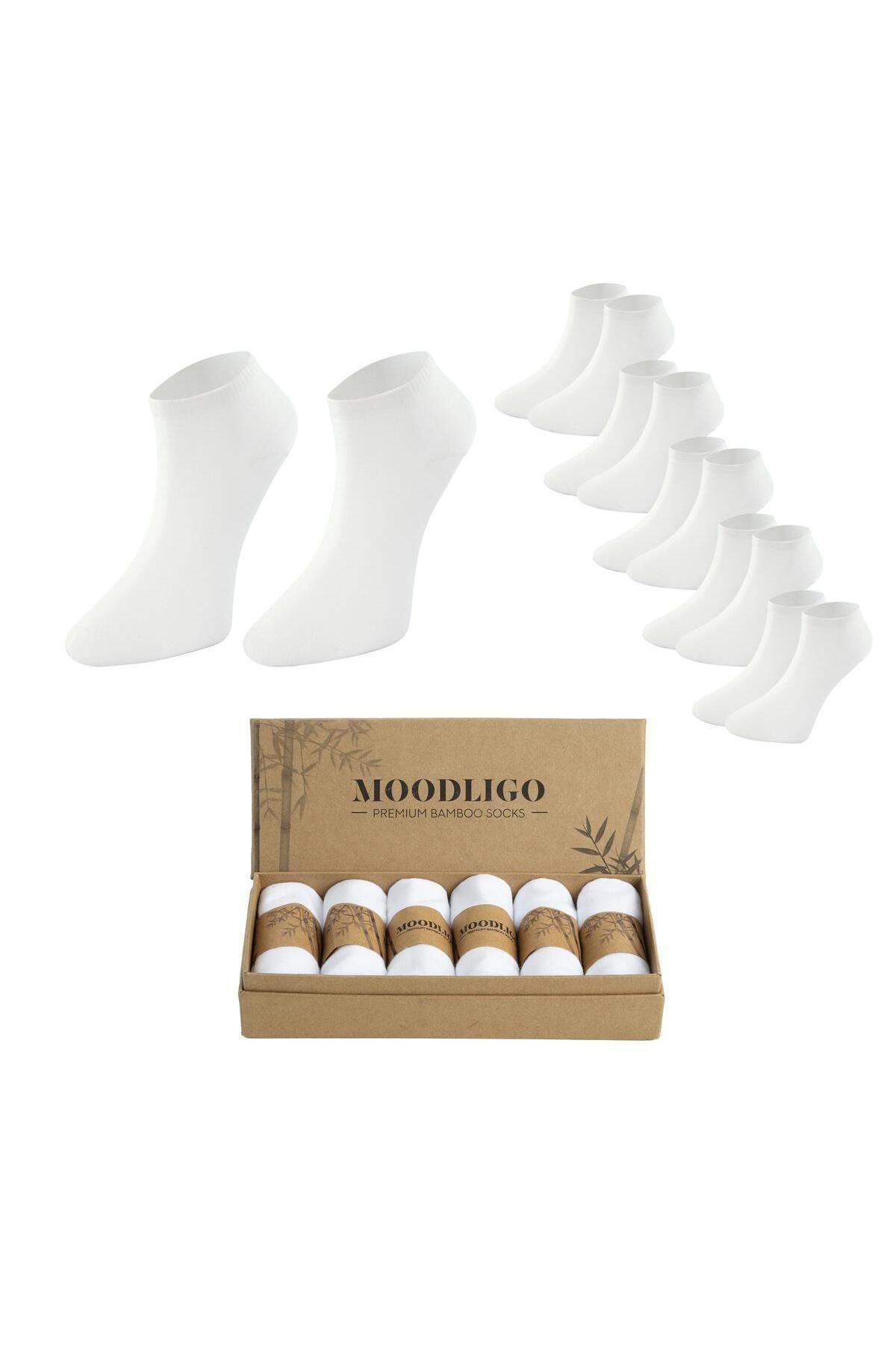 Moodligo Erkek 6'lı Premium Bambu Patik Çorap - Beyaz - Kutulu