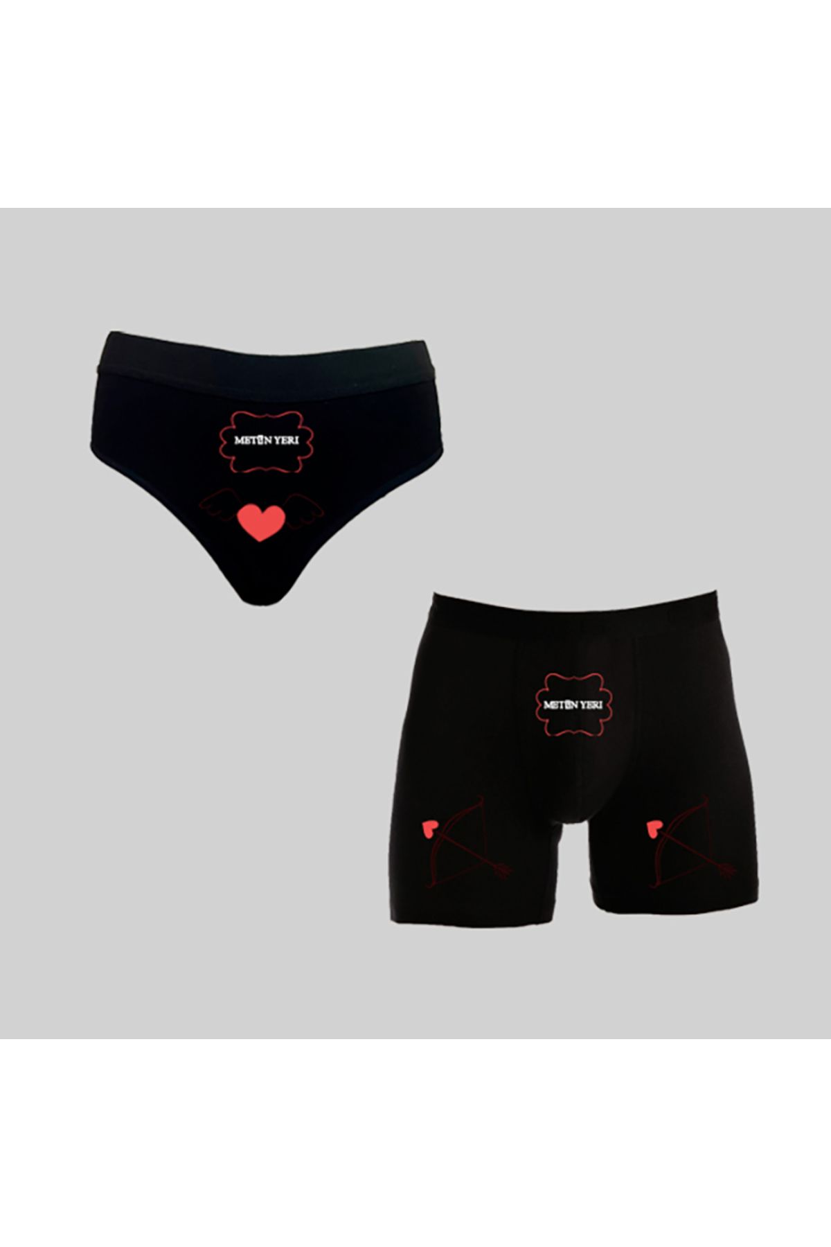TexKid Kutulu Kişiye Özel Melek Kalp Yay Tasarımlı Kadın Külot ve Erkek Boxer İkili Set