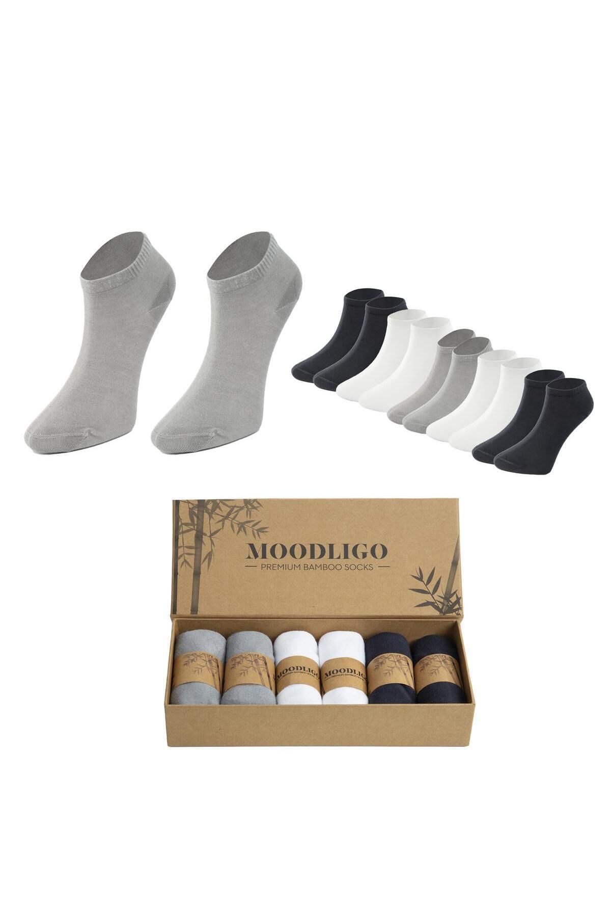Moodligo Erkek 6'lı Premium Bambu Patik Çorap - 2 Füme 2 Gri 2 Beyaz - Kutulu