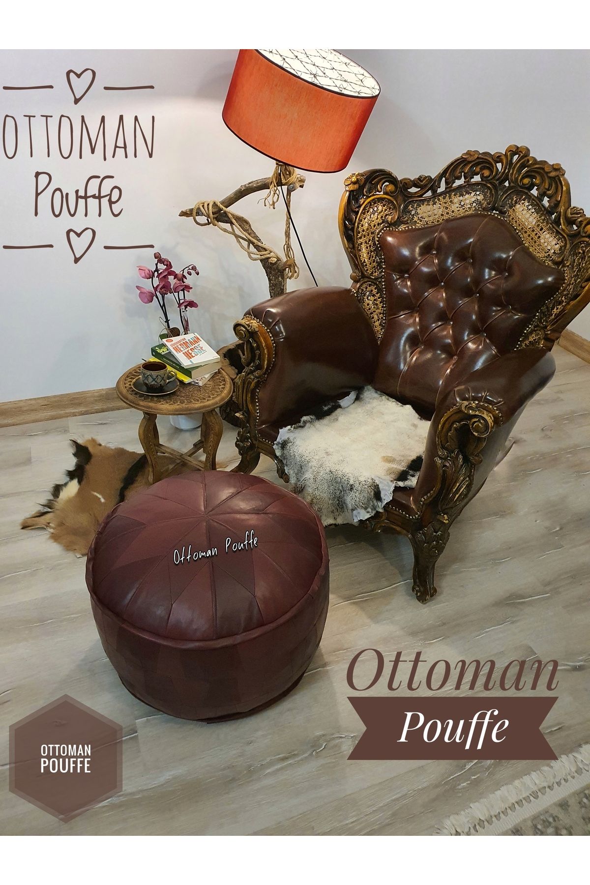 Ottoman Pouffe (DOLGULU) Art Deco El Yapımı Hakiki Deri Ottoman Bordo Yer Ayak Uzatma Puf Minder 60x40cm