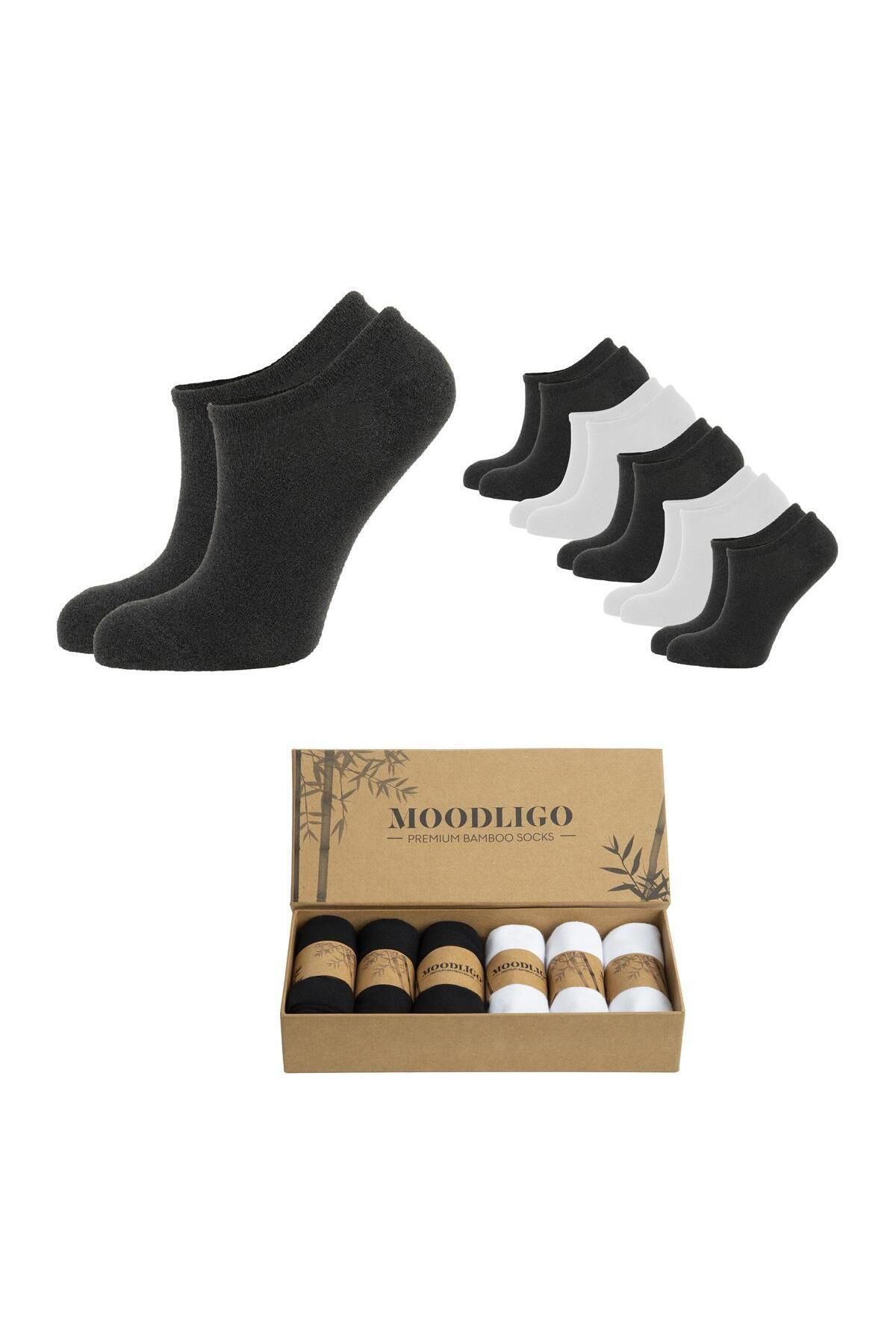 Moodligo Erkek 6'lı Premium Bambu Bilekte Spor Çorabı / Sneaker Çorap - 3 Siyah 3 Beyaz-kutulu