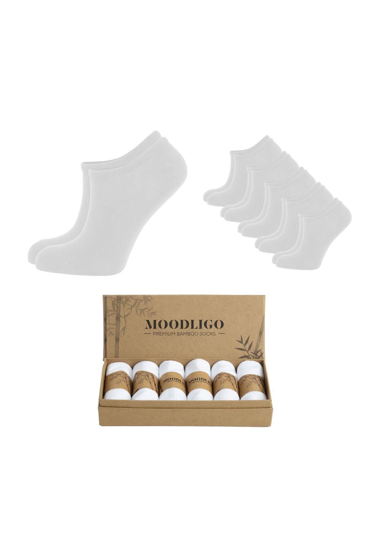 Moodligo Erkek 6'lı Premium Bambu Bilekte Spor Çorabı / Sneaker Çorap - Beyaz - Kutulu