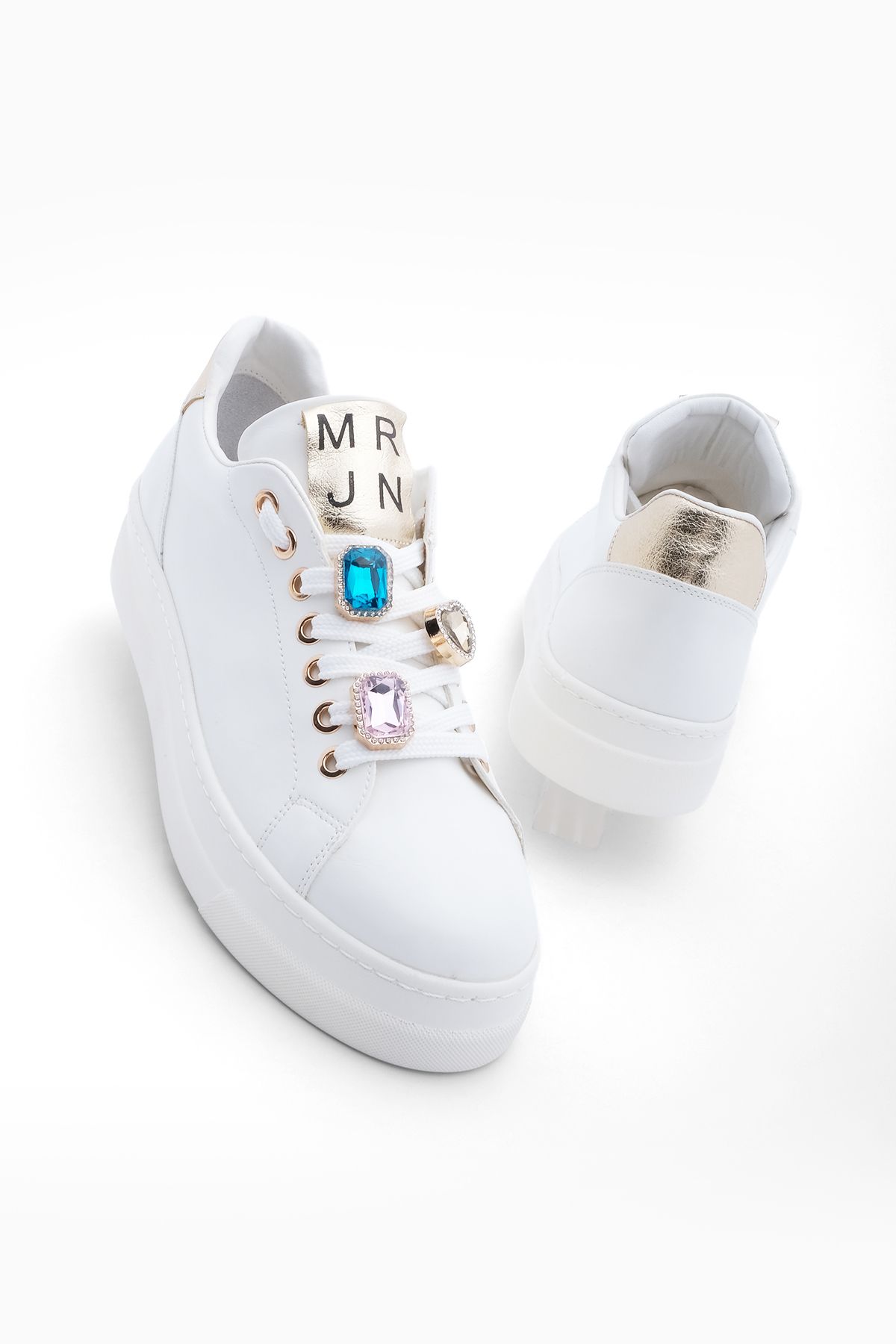 Marjin Kadın Sneaker Yüksek Taban Taşlı Spor Ayakkabı Ozmet Beyaz