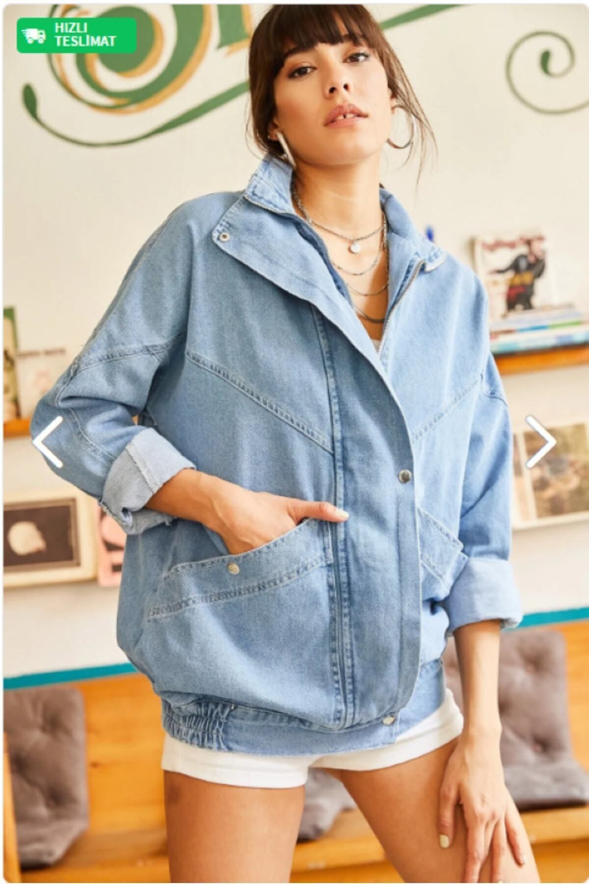 ESB Design Kadın Mavi Cepli Mevsimlik Fermuarlu Çıtçıtlı Uzun Denim Ceket