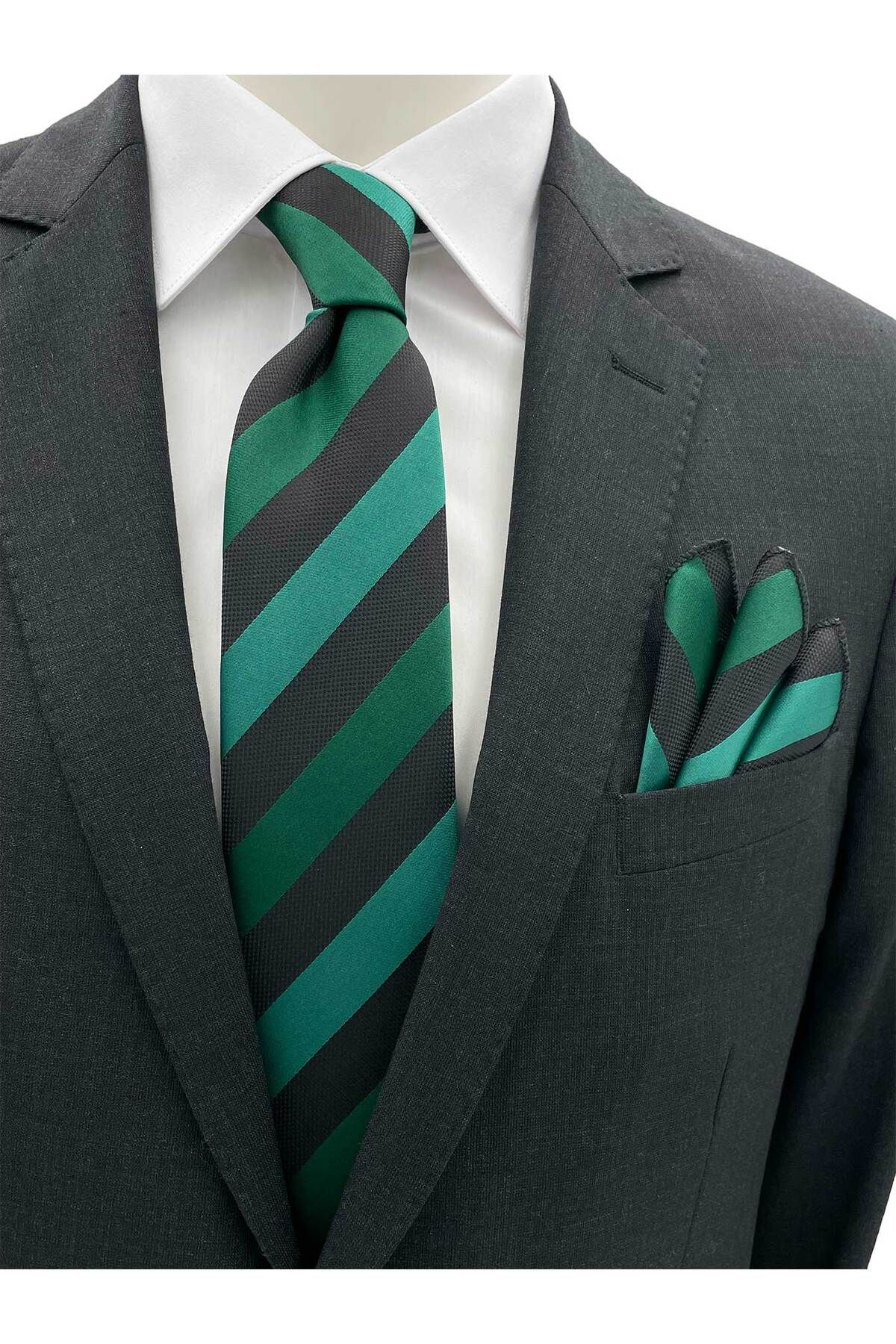 Brianze Yeşil Siyah Çizgili Kravat Mendil Set