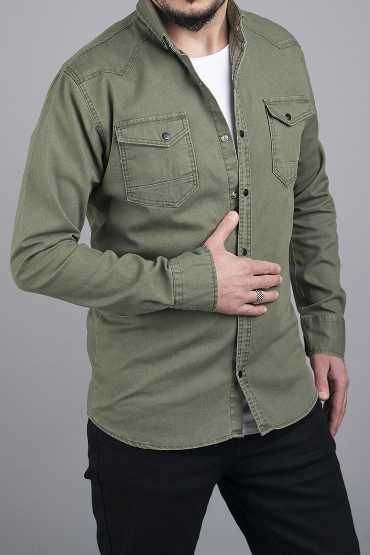 YXC Trend Maker Erkek Açık Haki Slim Fit Dar Kalıp Pamuklu Kot Gömlek