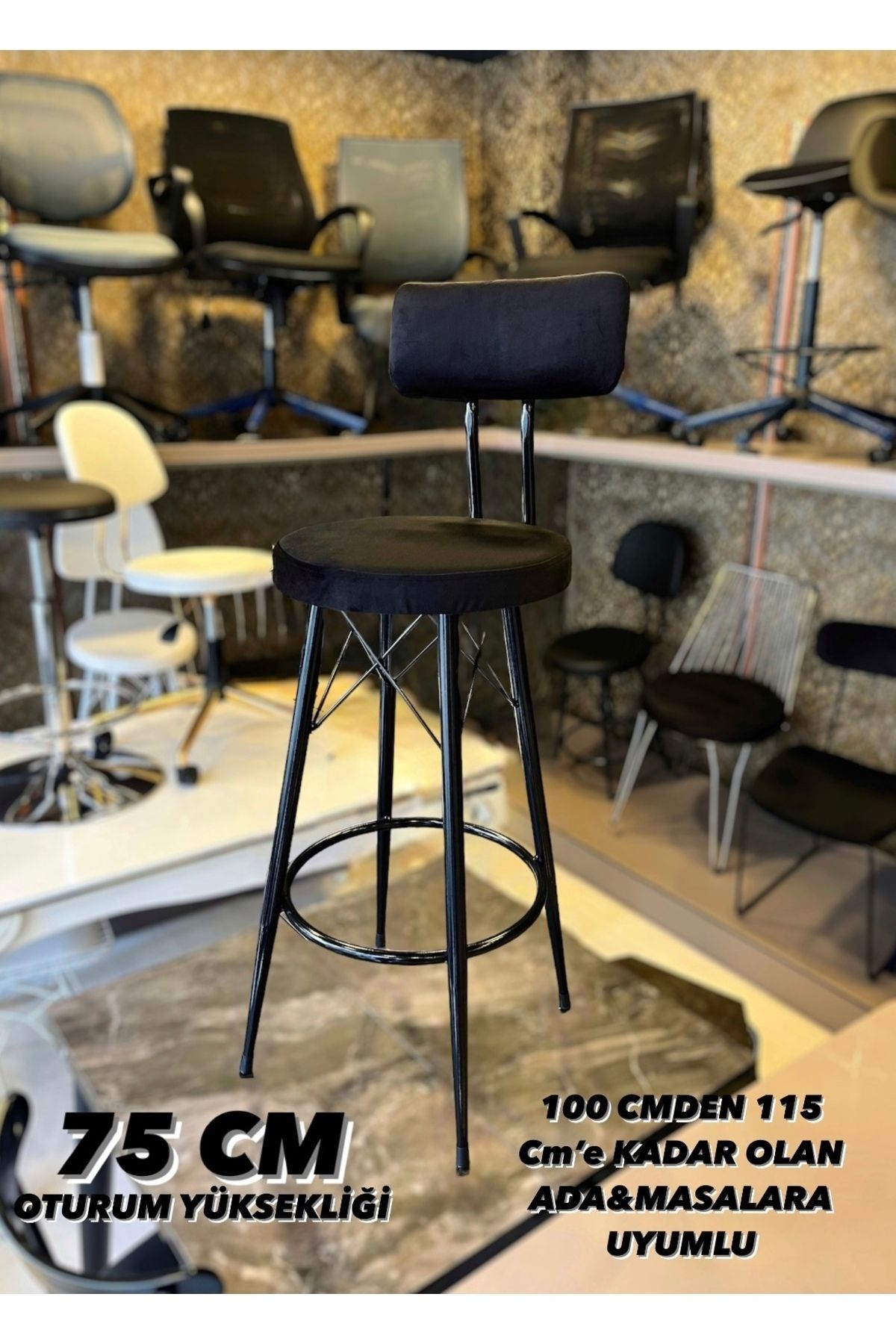 Sandalye Shop Yeni Tasarım Mila Bar Sandalyesi 75 cm Babyface Kumaş.100 ile 115 cm Arası Ada&Masalara uyumlu.