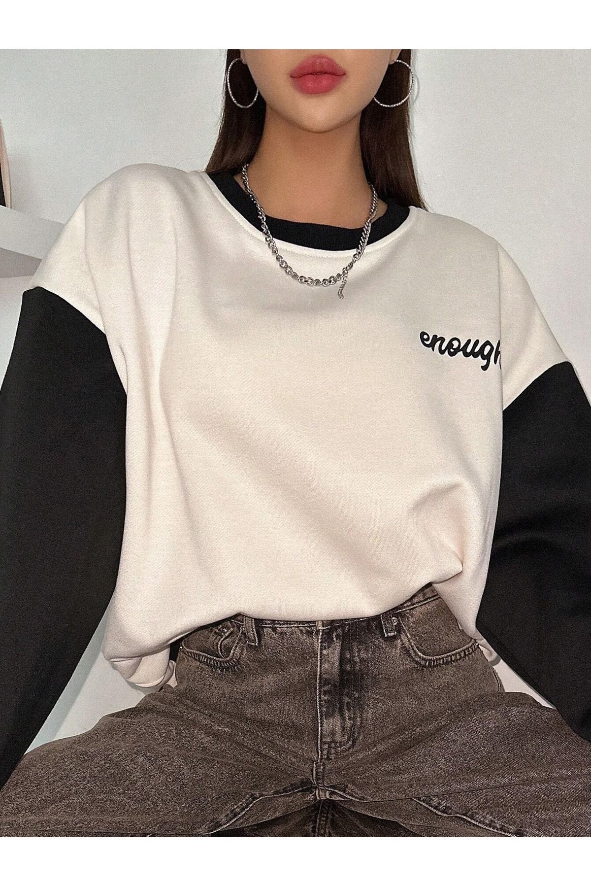 MOONBULL Kadın Enough Baskılı Kol Rengi Farklı Oversize Sweatshirt