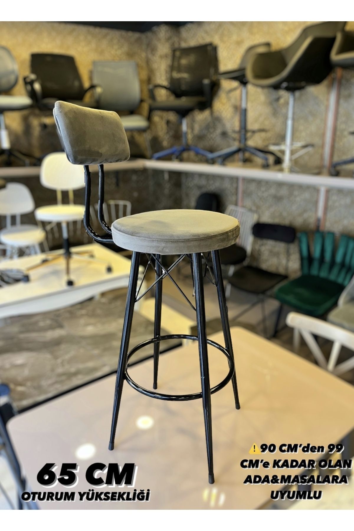 Sandalye Shop Yeni Tasarım Mila Bar Sandalyesi 65 Cm Gri Babyface Kumaş.90 ile 99 cm Arası Ada&Masalara uyumlu.
