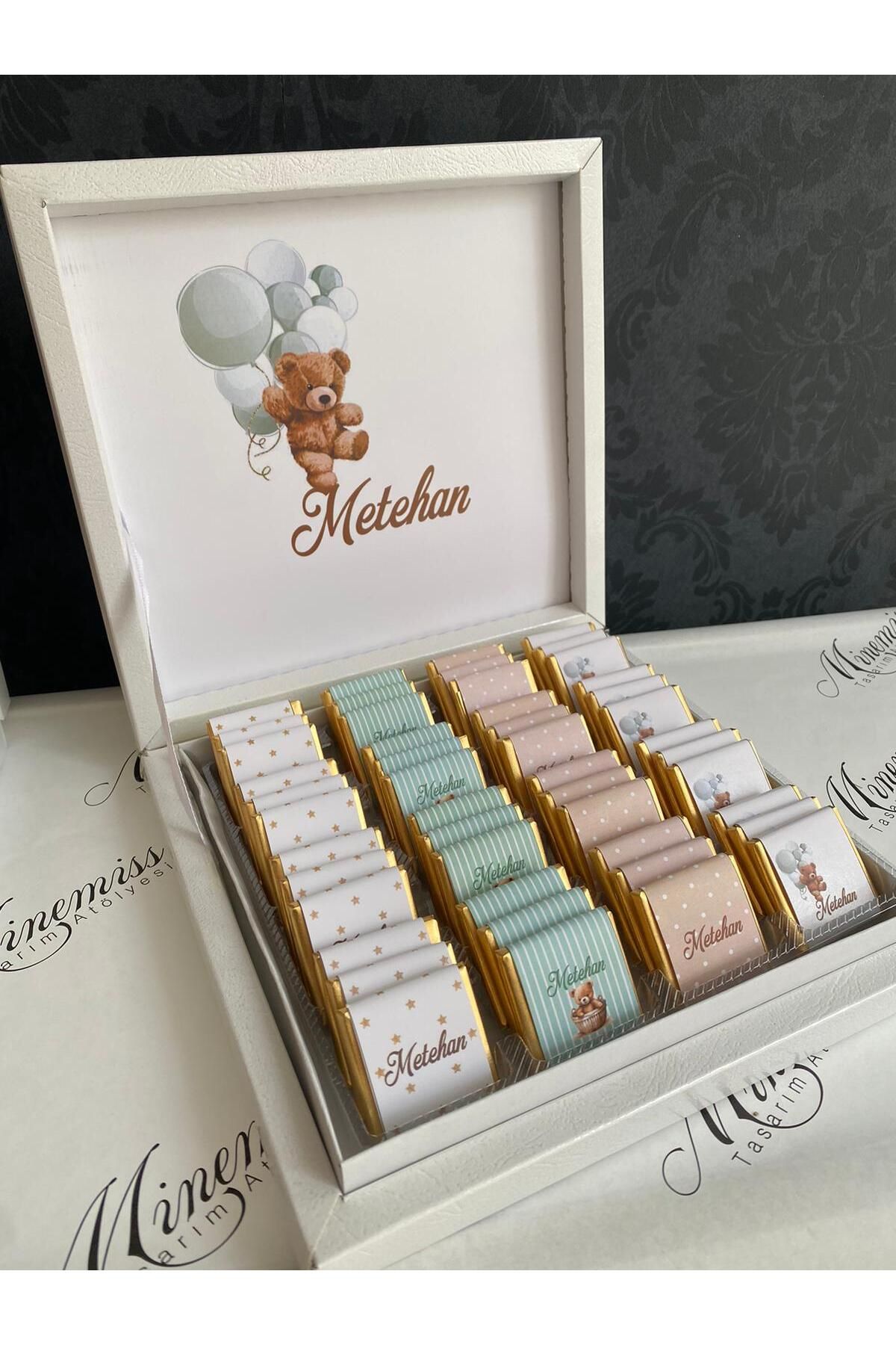 Minemiss Tasarım Lüks Kutulu Isme Özel Tasarımlı Kız-erkek Bebek Çikolatası 50 Adet Dogum-yaş Günü-hediyelik Çikolata