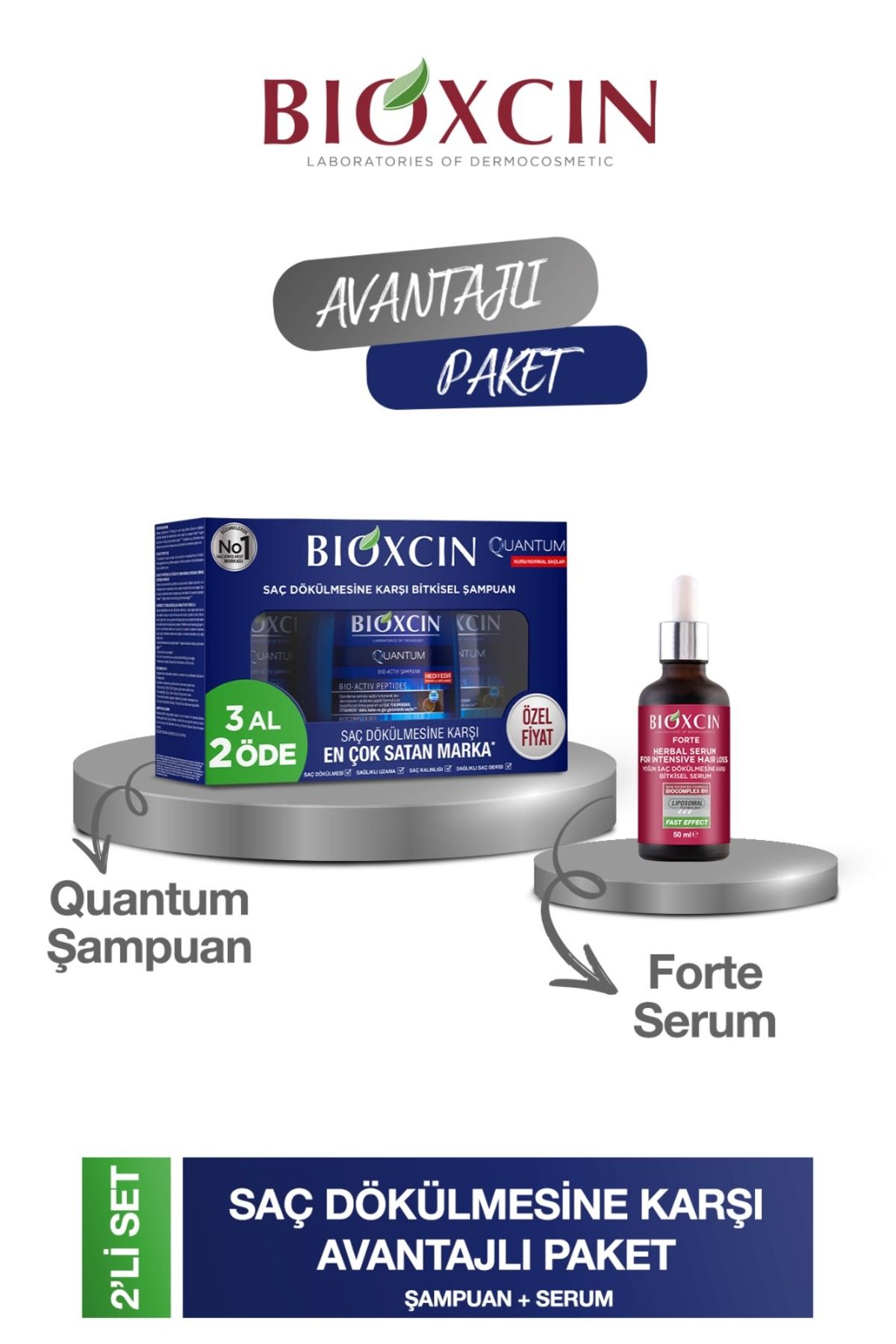 Bioxcin quantum 3 lü set Kuru saçlar için ( adet 300 ml şampuan) + Bioxcin forte serum 50 ml 1 adet