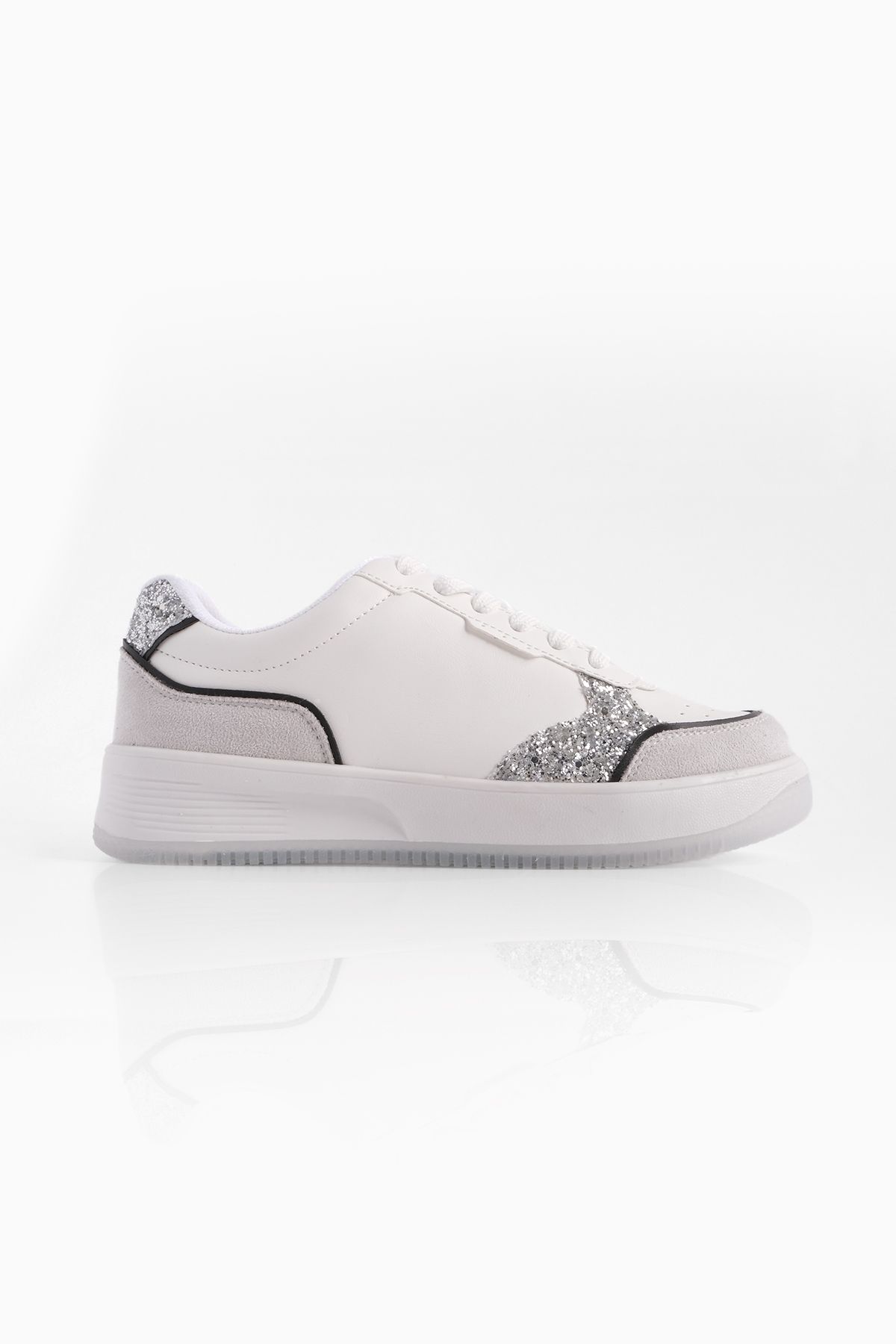 Marjin Kadın Sneaker Yüksek Taban Bağcıklı Pullu Spor Ayakkabı Tizay Gümüş