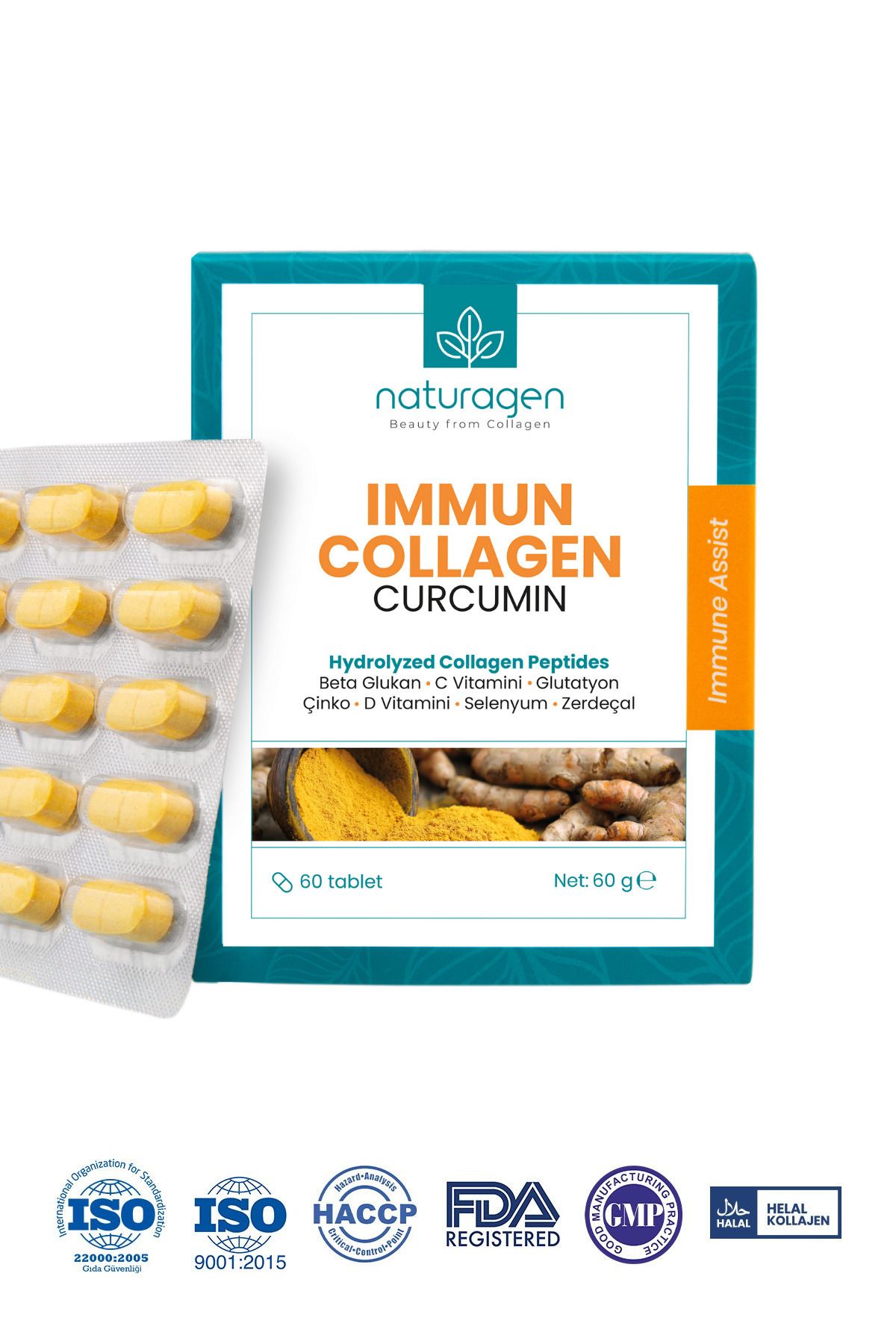 Naturagen Kolajen Immun Curcumin(zerdaçal),beta Glukan,vitamin A-b6-b12-c-d3-e,selenyum,çinko 60'lı Tablet