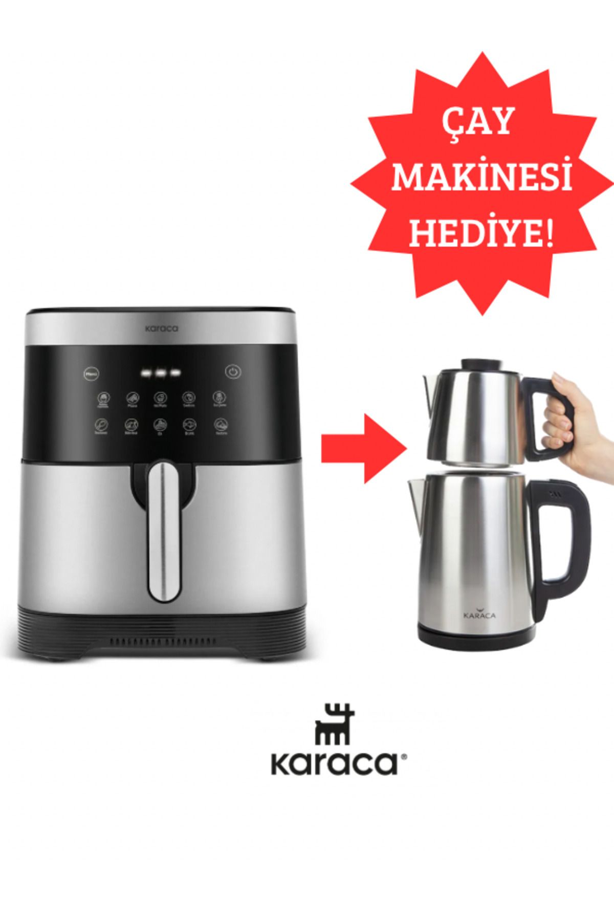 Karaca 8 Kişilik Aile Boyu Kapasiteli 10 Farklı Pişirme Fonksiyonlu Premium Airfryer - Çay Makinesi Hediye!
