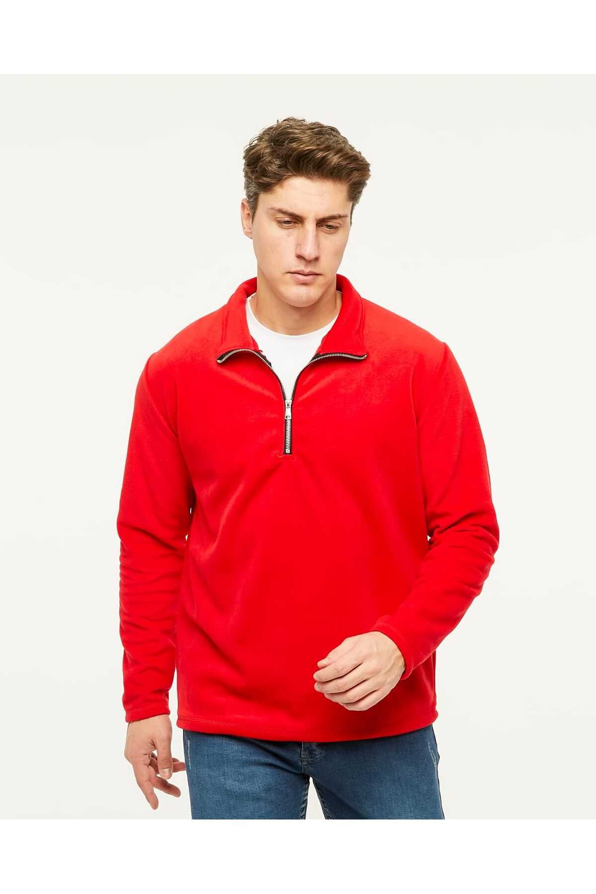 VEGA PORT Sweatshirt Kırmızı Polar Yarım Metal Fermuarlı Standart Fit Normal Kesim