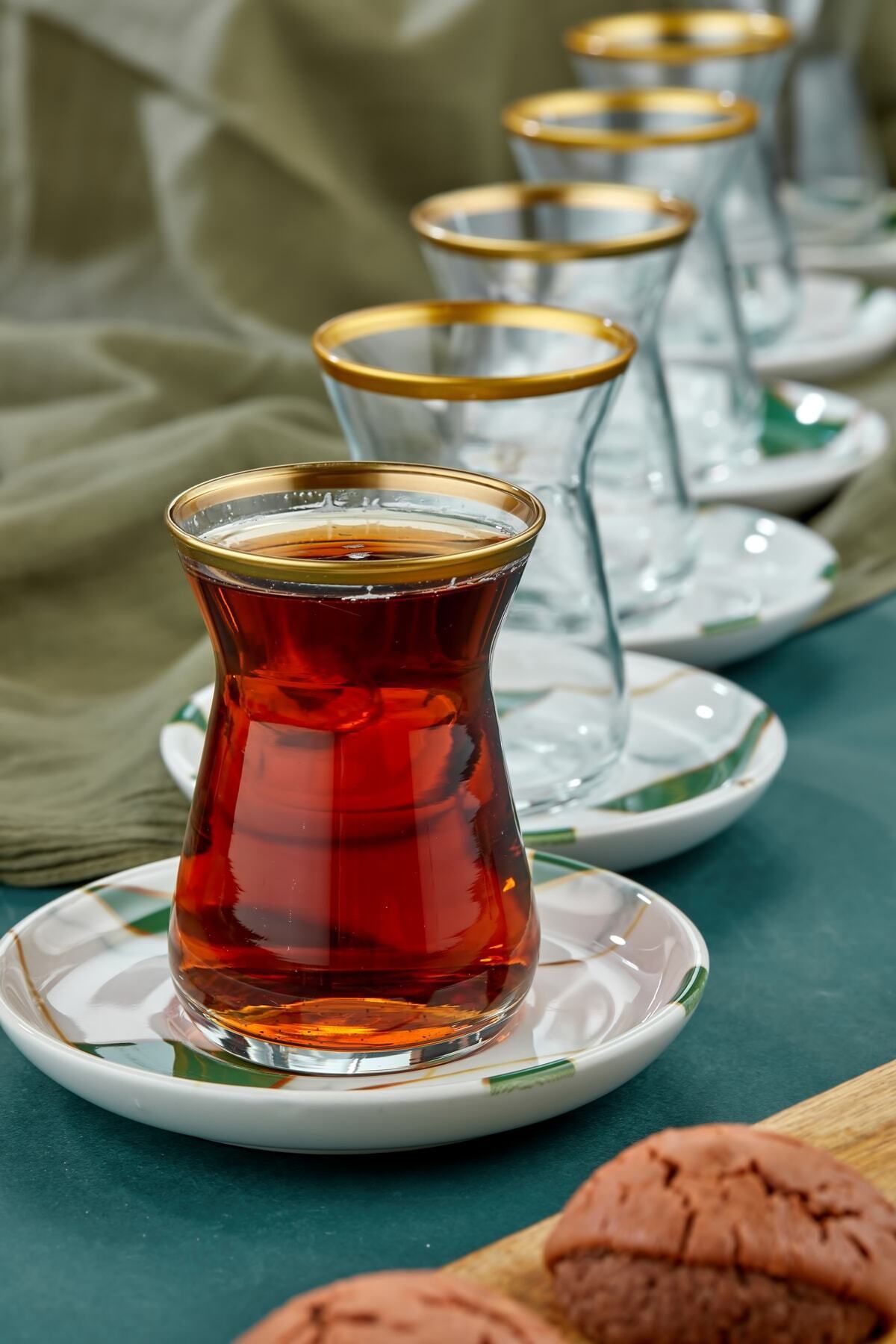 Babion Zümrüt Yeşili Mozaik Mermer Seramik 12 Parça Gold Çay Bardağı Seti, Çay Takımı