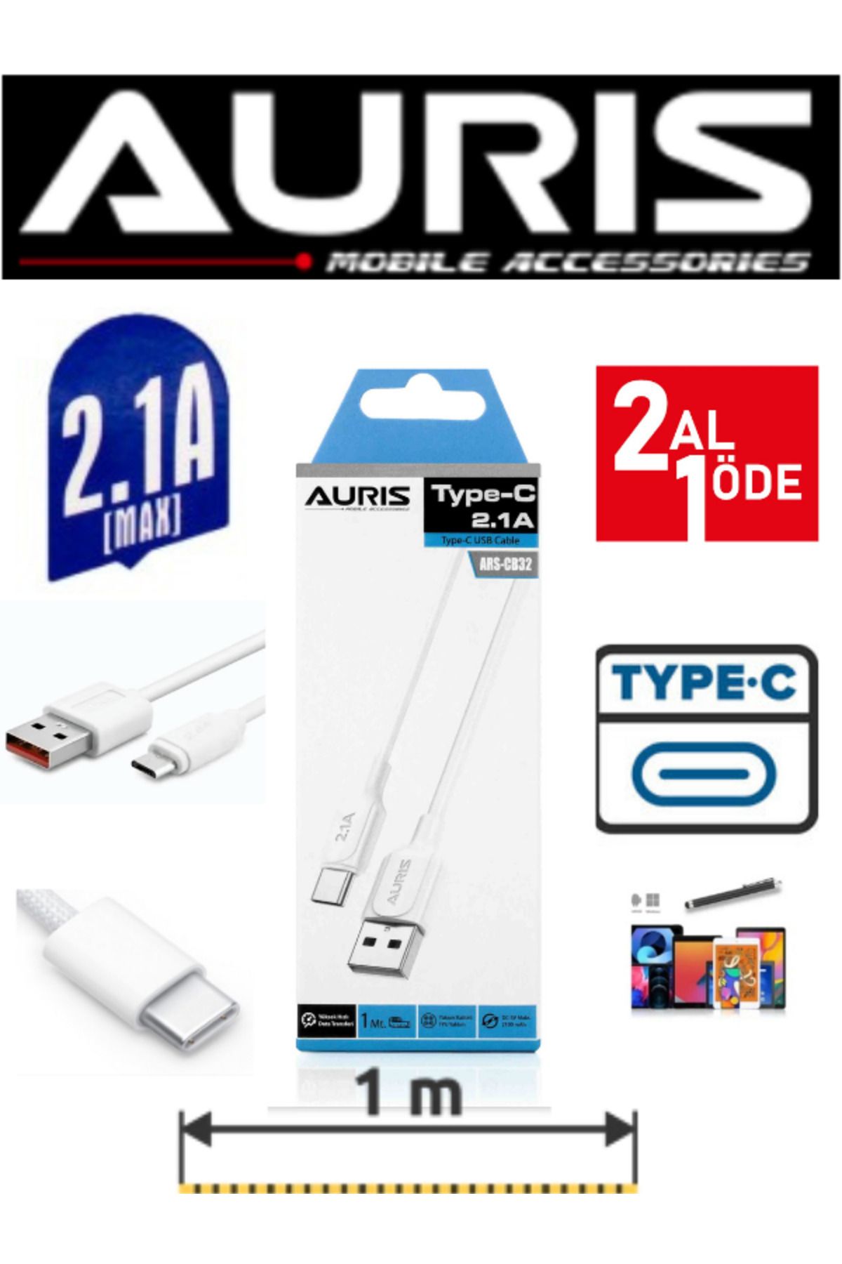Auris 2Al 1Öde Tüm Typce Girişli Cihazlarla Uyumlu 2.1 Amper UltraKalite Type-C Şarj Kablosu 1Metre+Kalem