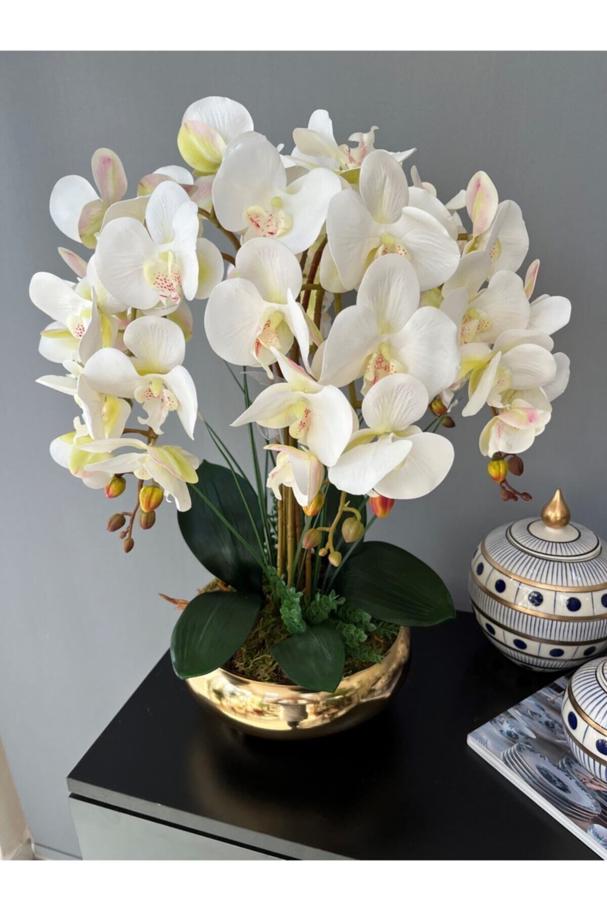 LİLOTEHOME Yapay Islak Lateks Dokulu Orkide Aranjman Ufo Saksı 5 Dal Parlak Gold