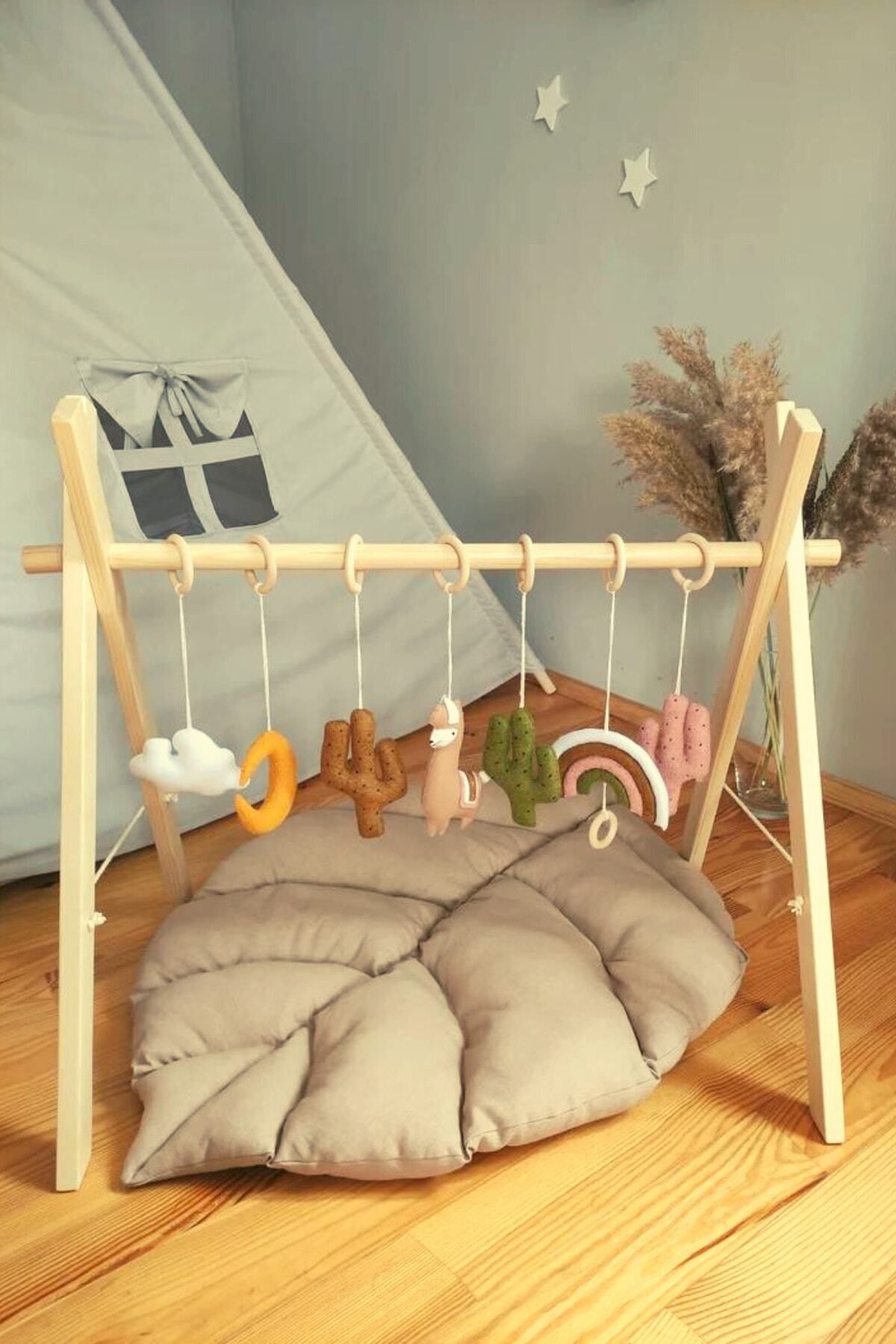 Genel Markalar Boho Ahşap Baby Oyun Salonu Antrenman Oyuncağı - Baby Gym (OYUNCAK VE MİNDER HARİÇ)