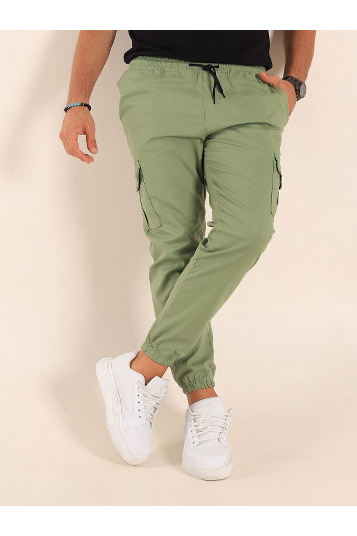 shn sportswear likralı beli ve paçası lastikli yeşil kargo pantolon